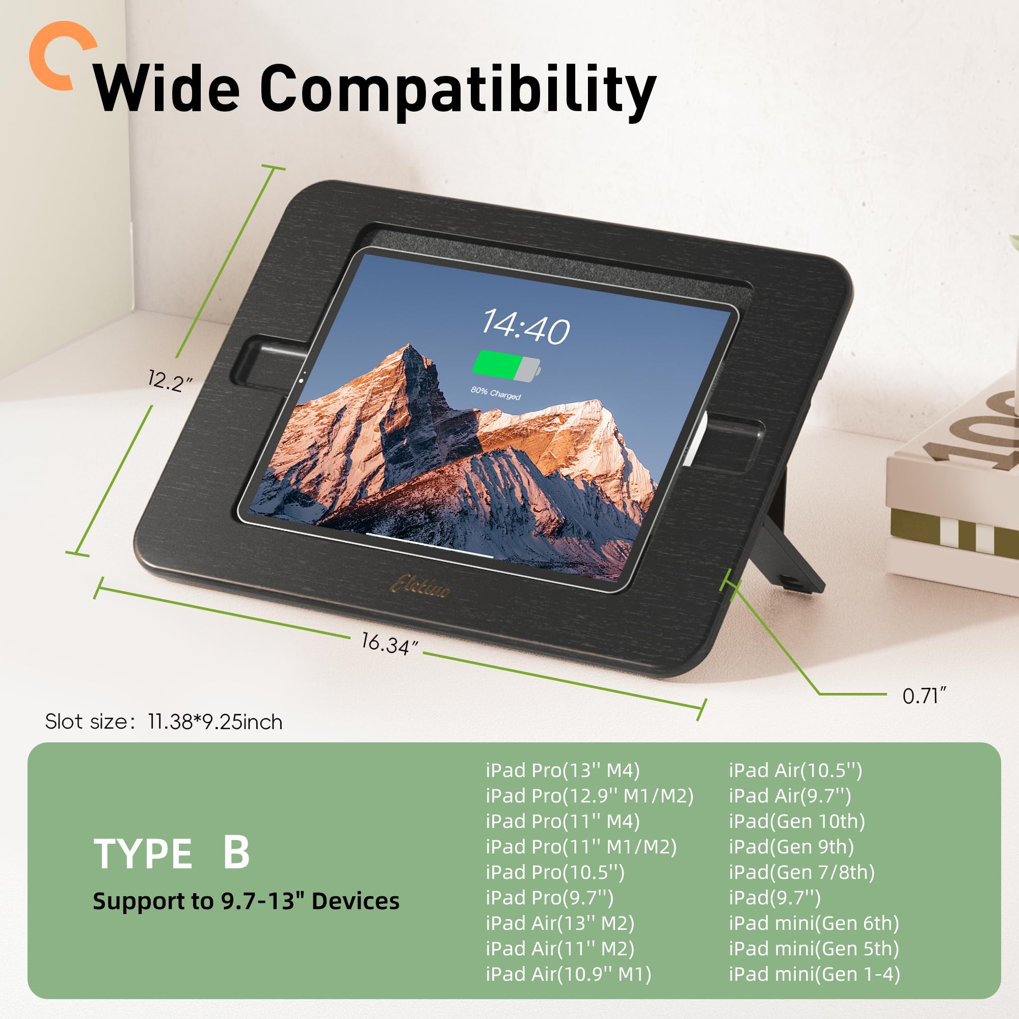 ELETIUO Soporte de dibujo de bambú para tableta, portátil y multiángulo ajustable, soporte para tablet con carga inalámbrica para lápiz, compatible con iPad Pro de 12.9/13 pulgadas, iPad Air/Mini (9.7