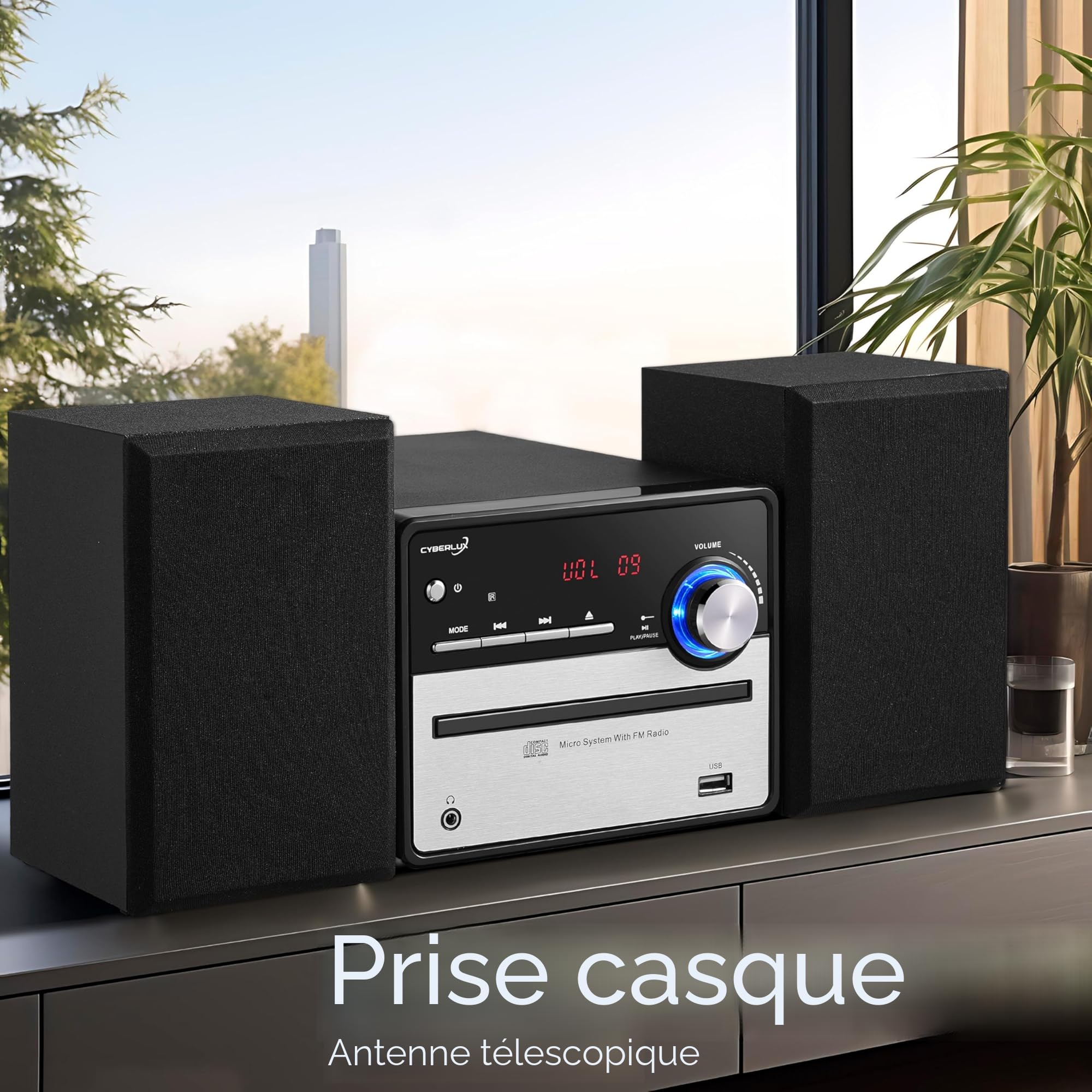 Mini chaîne HiFi rétro avec radio FM, CD/MP3, USB et sortie ligne