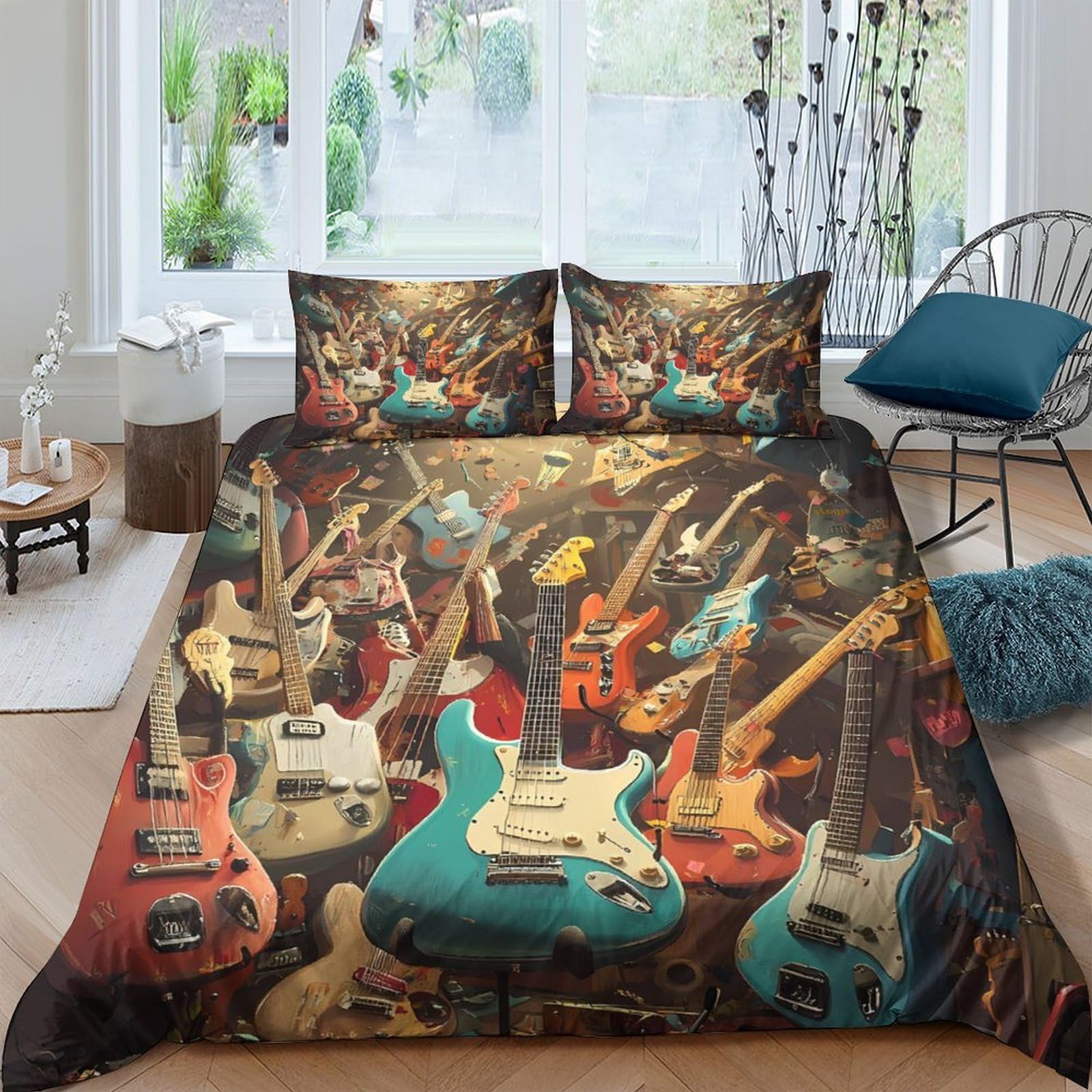 Ctjqhvkz Style-1 3D Printed Colorful Electric Guitar Fitted Sheet Microfiber Soft Bedroom Decor Rock Music Mattress Cover Single（135X200cm）
