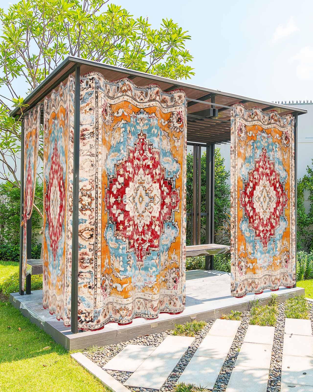 Hokiten Red Boho Outdoor Curtains for Patio, Waterproof Porch Curtain, Modern Geometric Vintage Abstract Art Aesthetics Grommet Privacy Drapes