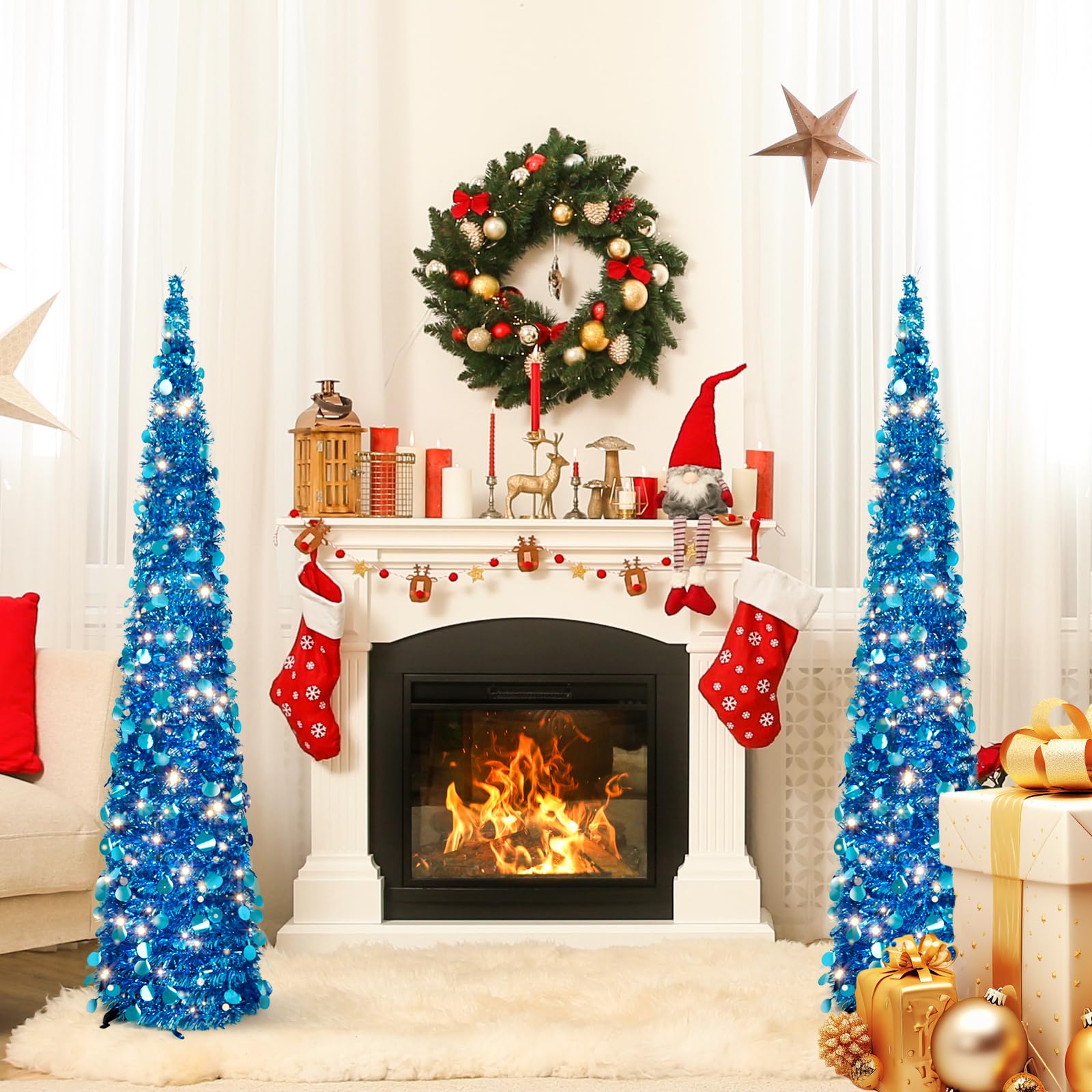 5FT Pop Up Tinsel Christmas Tree with Lights, Collapsible Pencil Xmas Trees with Round Sequins Reusable for Fireplace Home Office Indoor Holiday Party Decoration, Blue