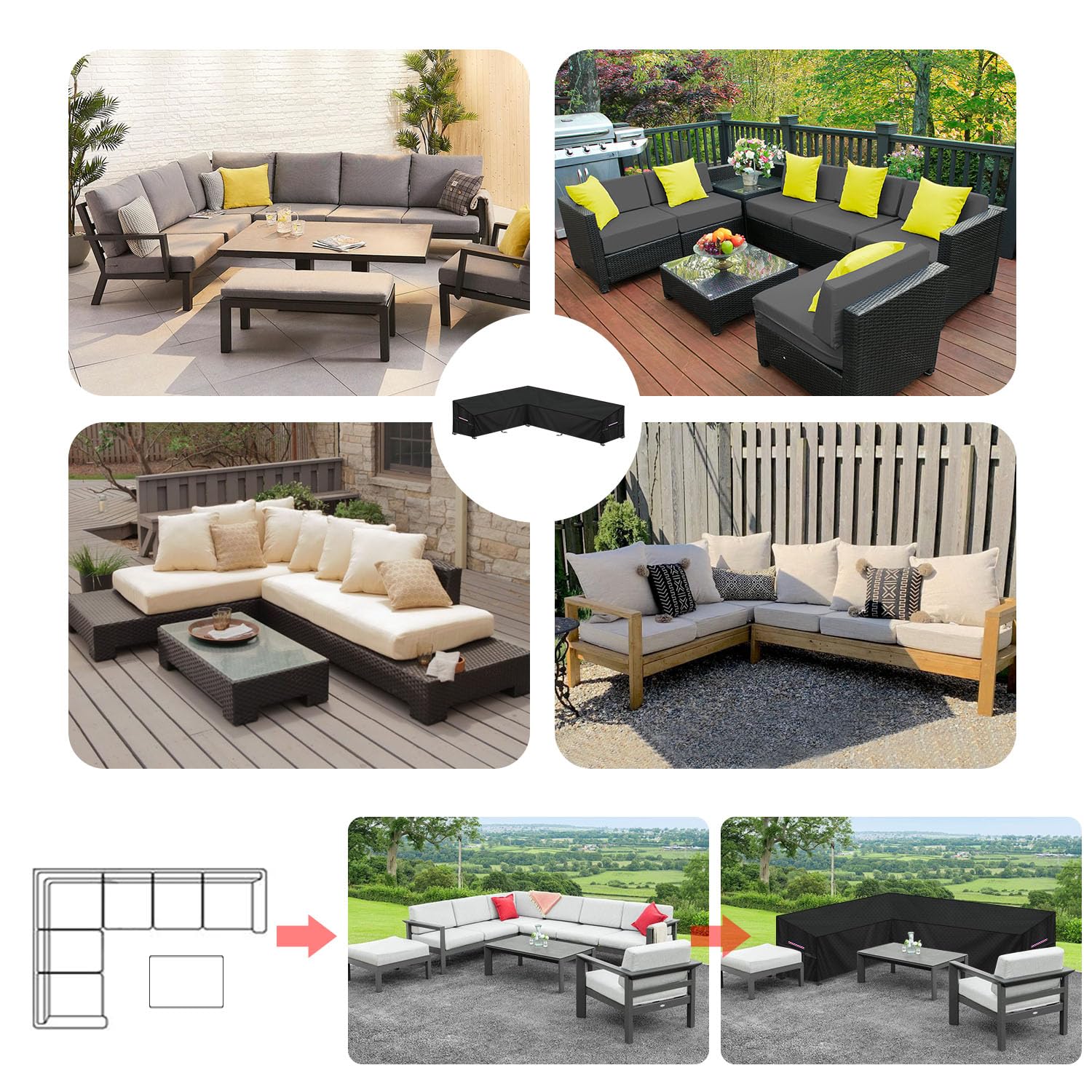 LAMUNI Funda de Sofa Exterior en L Funda para Sofa de Esquina, 420D Oxford Funda Muebles Jardín en Forma L Funda sofa Esquinero Jardin Impermeable Cubierta de Sofá de Exterior, 180x260x90x80/60cm