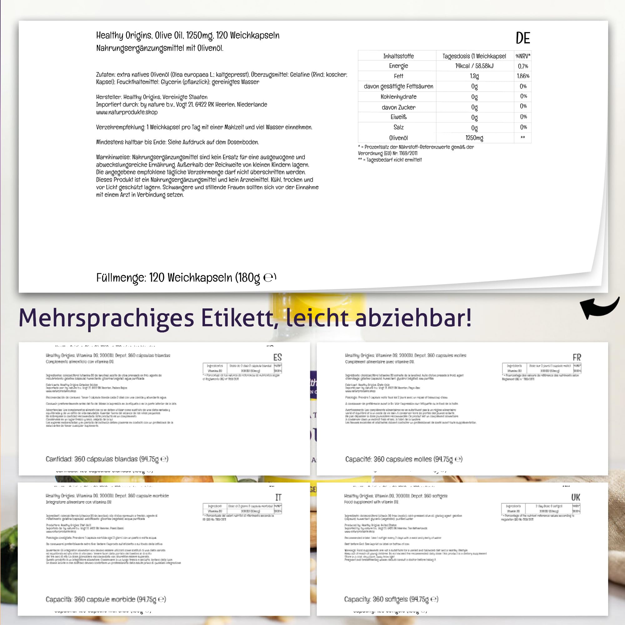 Healthy Origins, Olive Oil, 120 glutenfreie Softgels, 1.250mg Olivenblatt je Dosis, Sojafrei, GMO frei, Geschmacksneutral