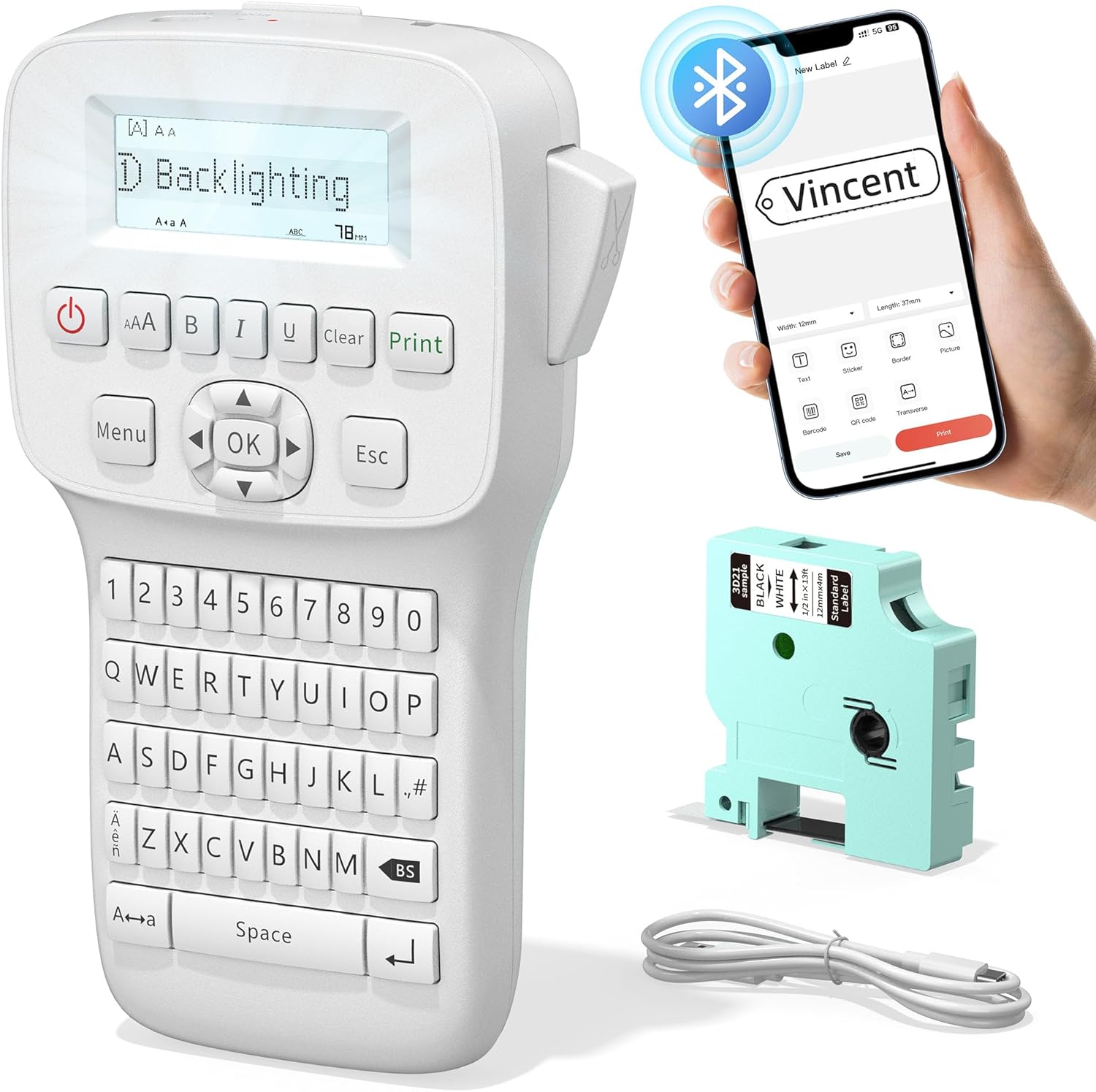 Label Maker Machine with-Tape, Handheld Label Maker with Backlit Screen & Keyboard, Portable Label Makers Rechargeable, LM1600 Bluetooth Labeler Labeling Machine for Home Office School Organization