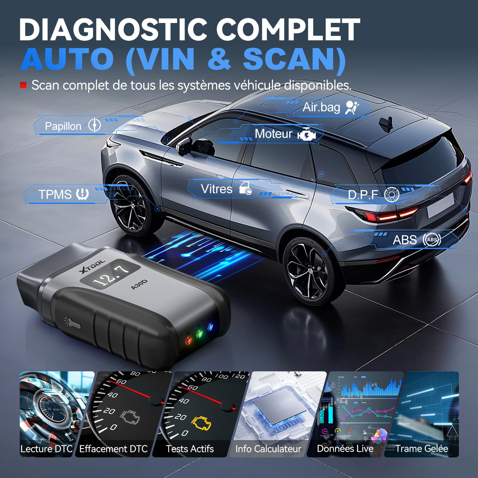 XTOOL A30D OBD2 Valise Diagnostic Auto BT, 2026 Lecteur OBD2 Voiture Français, 19+ Réinitialisations, Test Actif, Diagnostic Tous Systèmes, Can FD, Mises à Jour à Vie, Anglais par Défaut