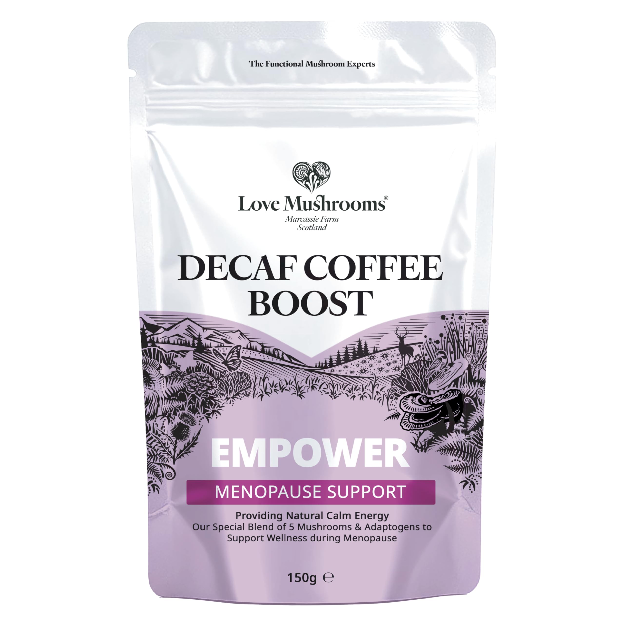 Love Mushrooms Empower Decaf Coffee for Menopause - 100% Arabica Beans with multi mushroom, multi plant extracts, minerals and nutrients 150g