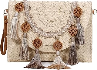 NETFEN Straw Purses for women, Straw Bag Clutch Purses Bohemian Bag Straw Clutch Beach Purse Women Beach Essentials for Summer Vacationï¼ˆCreamy-white with Round Cake Tassel