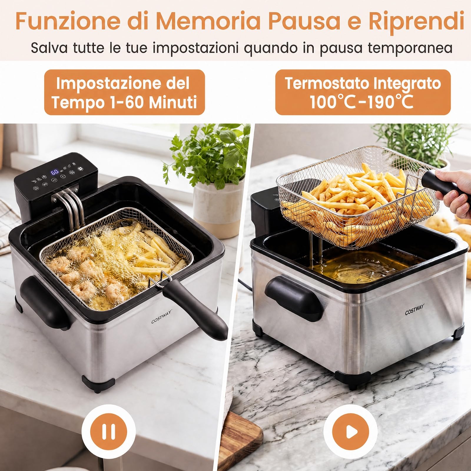 COSTWAY 1700 W Friggitrice ad Olio con Schermo LED e 3 Cestelli, 5L