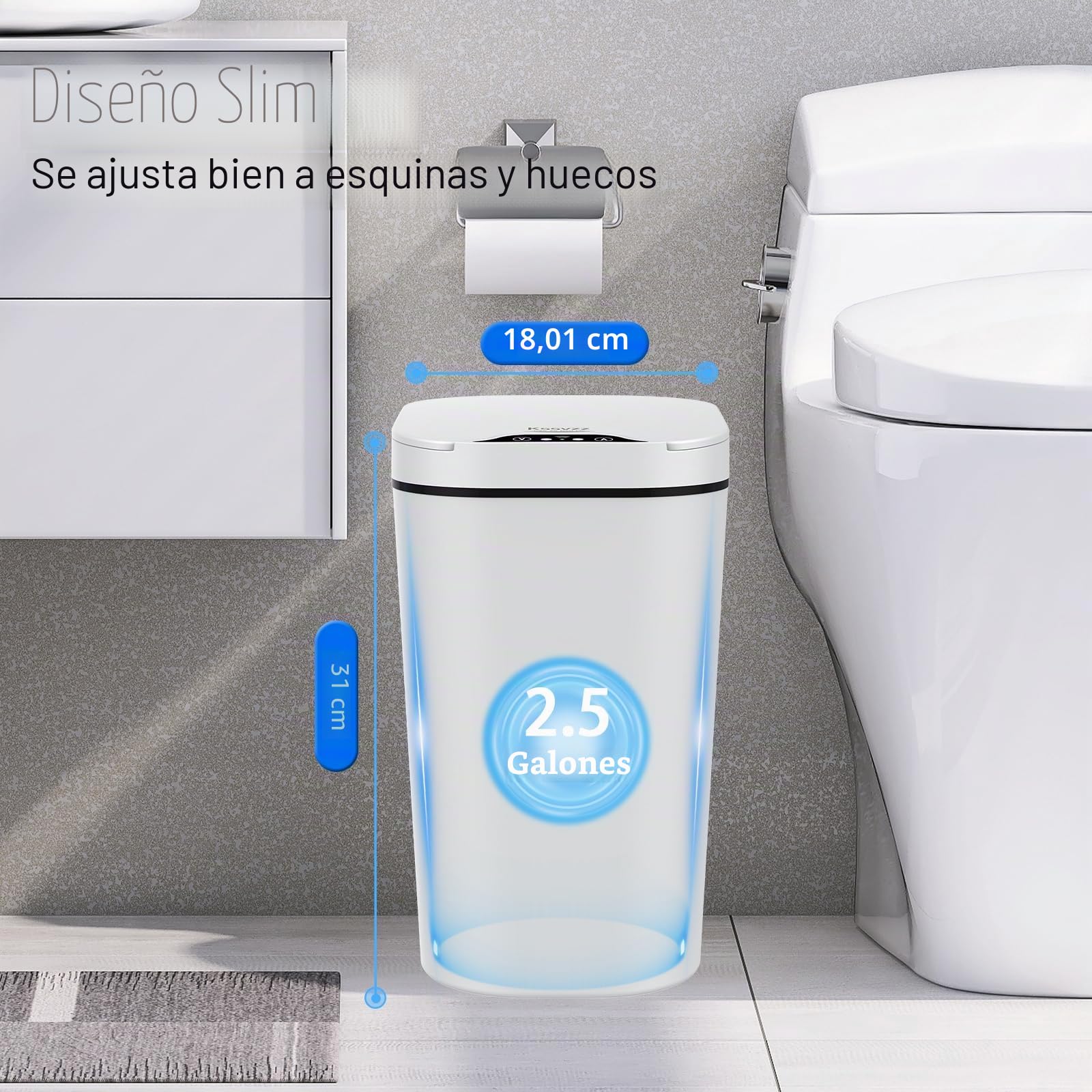 Kssvzz Papelera Baño con Tapa - 2 x 10L de Capacidad, Cubo de Basura Inteligente con Tapa- Cubo Basura con Sensor de Movimiento para Oficina, Habitacion, Cocina - Blanco