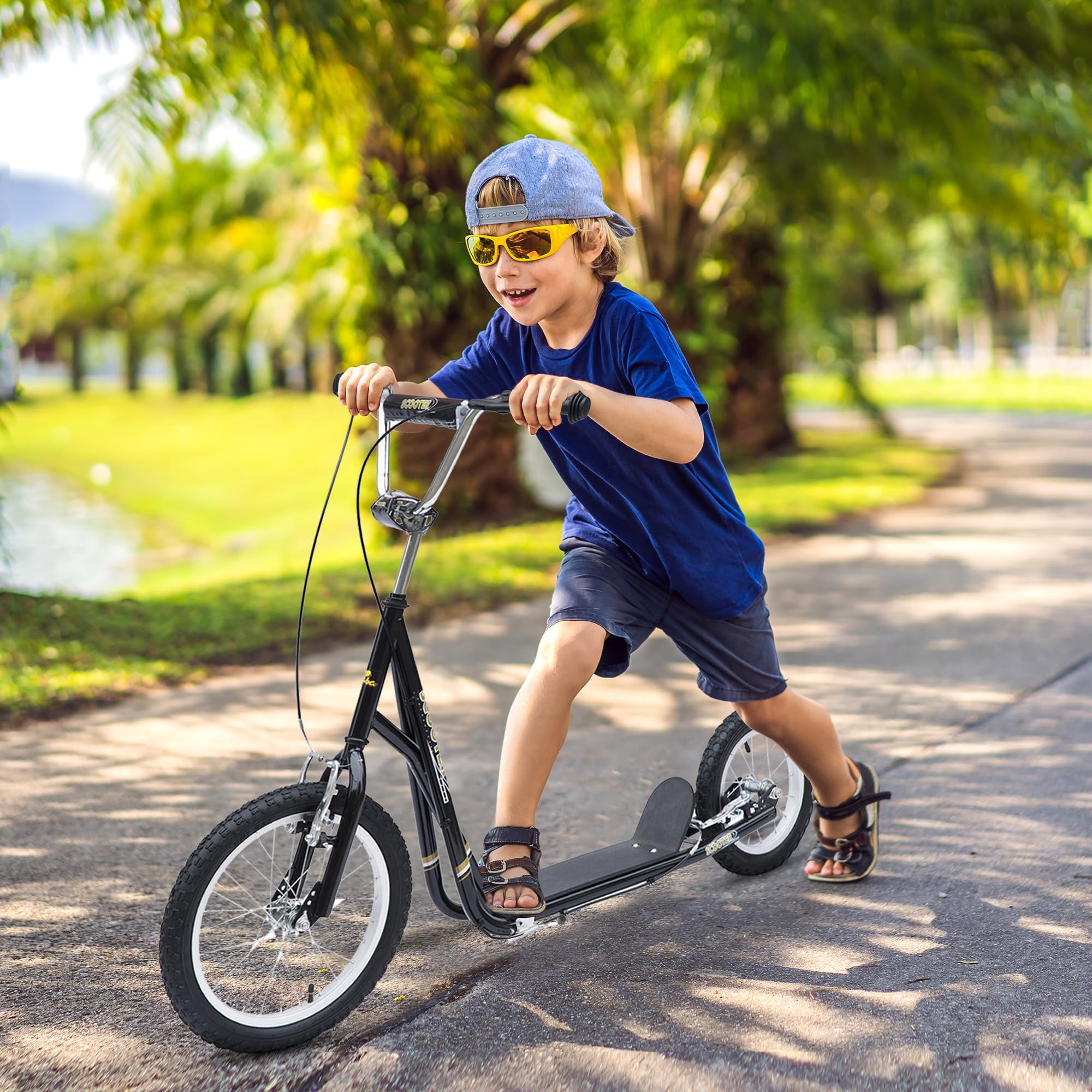 HOMCOM Patinete patineto infantil a partir de 5 años grandes neumáticos manillar ajustable asas frenos y soporte de acero negro | Manillar ajustable, manijas, frenos y muleta, acero