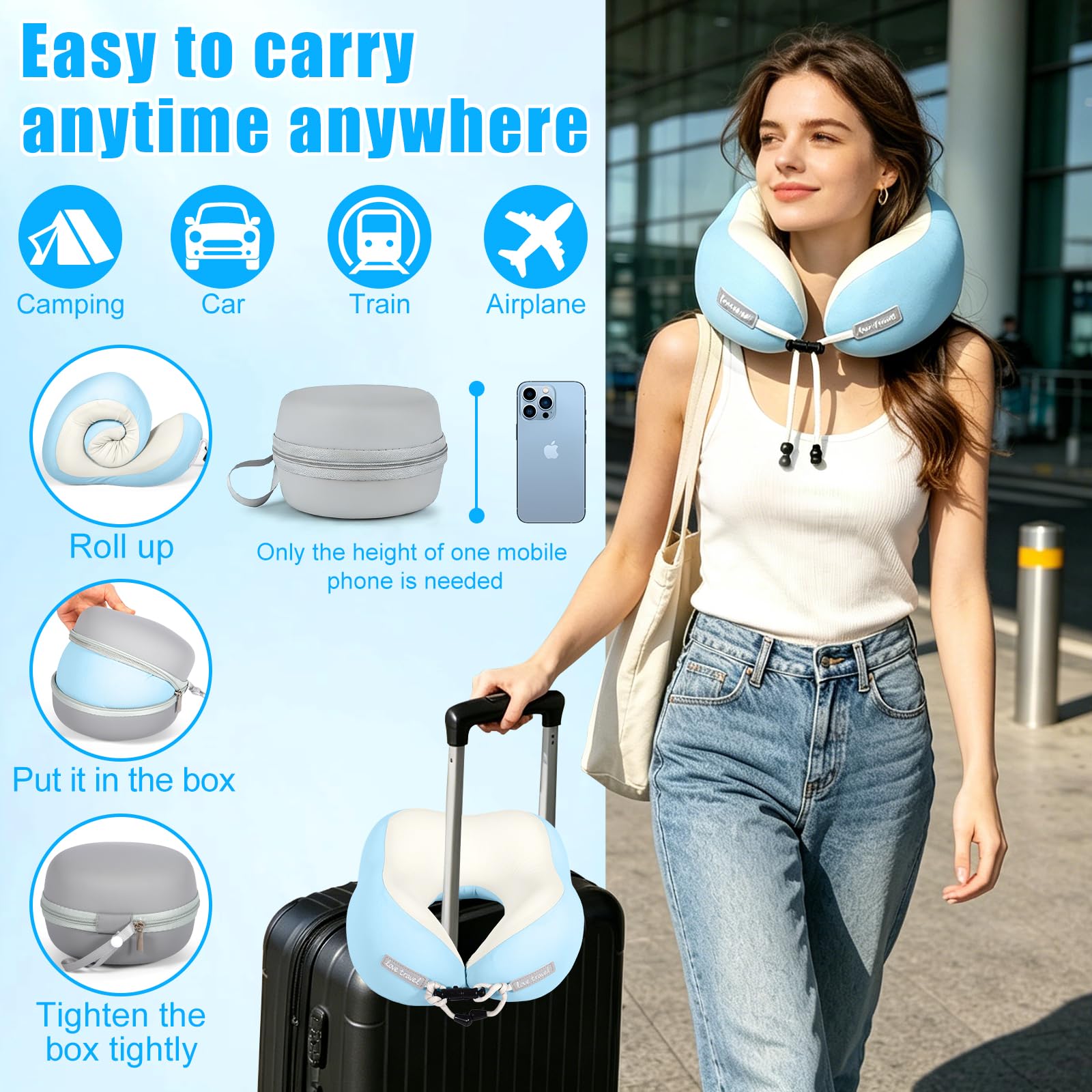 Cuscino da Viaggio Aereo, Cuscino Cervicale Memory Foam Ergonomico a Forma di U con Federa in Ice-Seta, Ideale per Auto Treno Ufficio, Incluso Maschera per Dormire e Tappi per le Orecchie