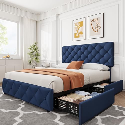 Miniatura 15 de IDEALHOUSE - Base de cama tamaño Queen con 4 cajones de almacenamiento y cabecera ajustable, camas con plataforma tapizada en lino, botones con