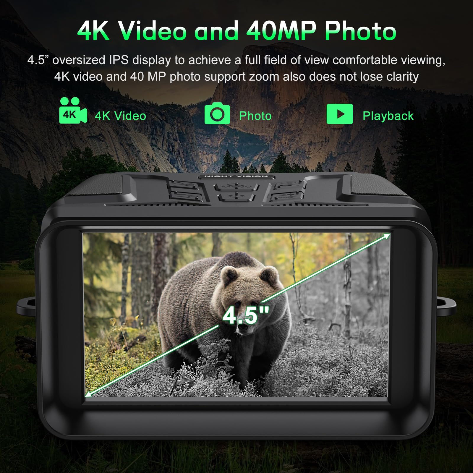 Binoculares Visión Nocturna 4K HD, 40MP Visor Nocturno con Función WiFi Ampliación 8X, Recargable 4000mAH Prismáticos Visión Nocturna con LCD de 4.5",Adecuado para la Caza, con 32GB