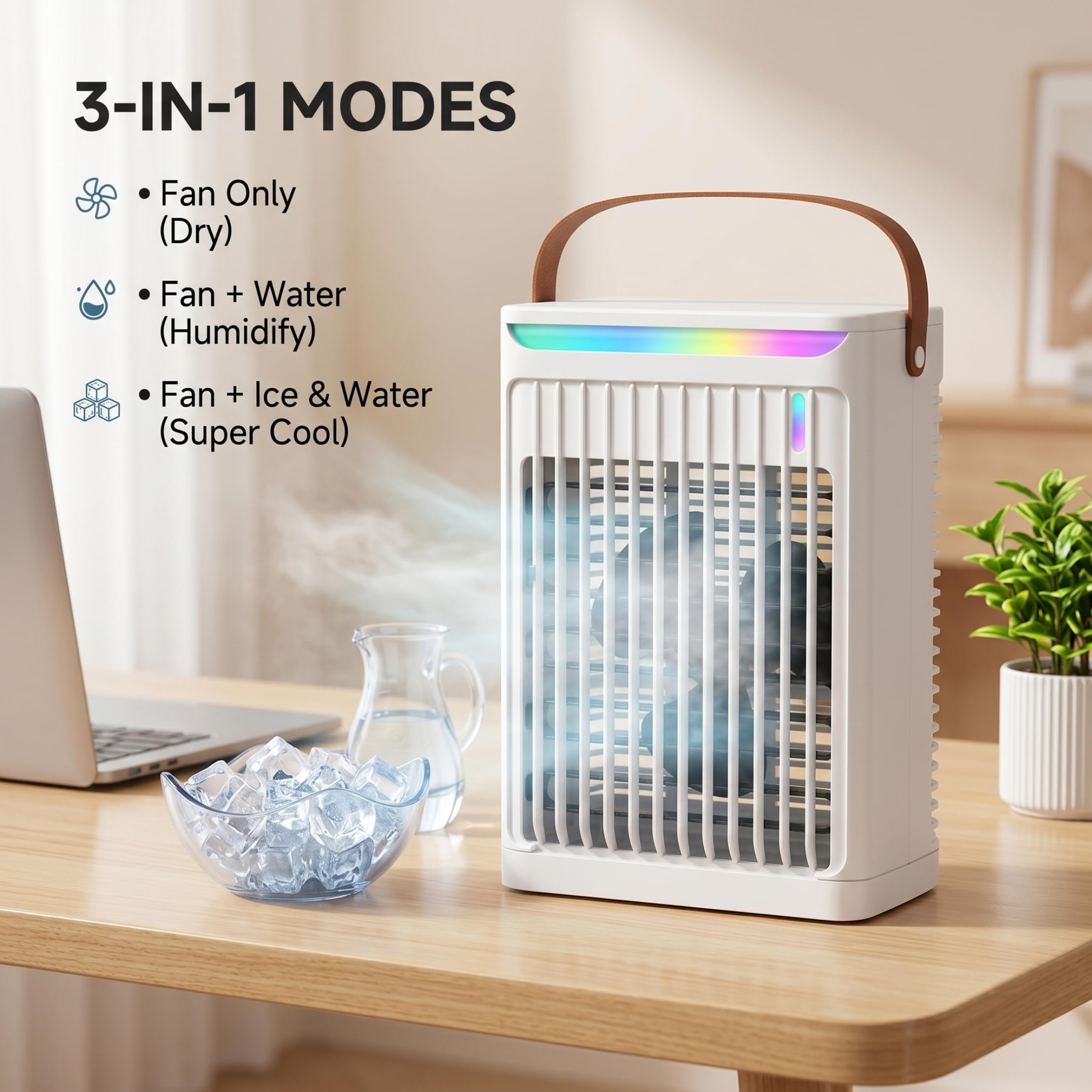 Mini condizionatore portatile, ventola del condizionatore 3 in 1 con 5 velocità, serbatoio da 680 ml, ventola alimentata tramite USB per casa/ufficio/dormitorio/campeggio, bianco, scrivania, decorazi