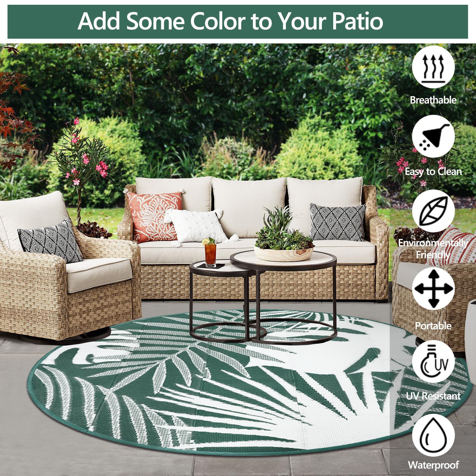 Capslpad Tapis d'extérieur rond réversible et léger en paille de plastique recyclé, portable, pour jardin, camping, terrasse, barbecue, plage, vert foncé 180 cm