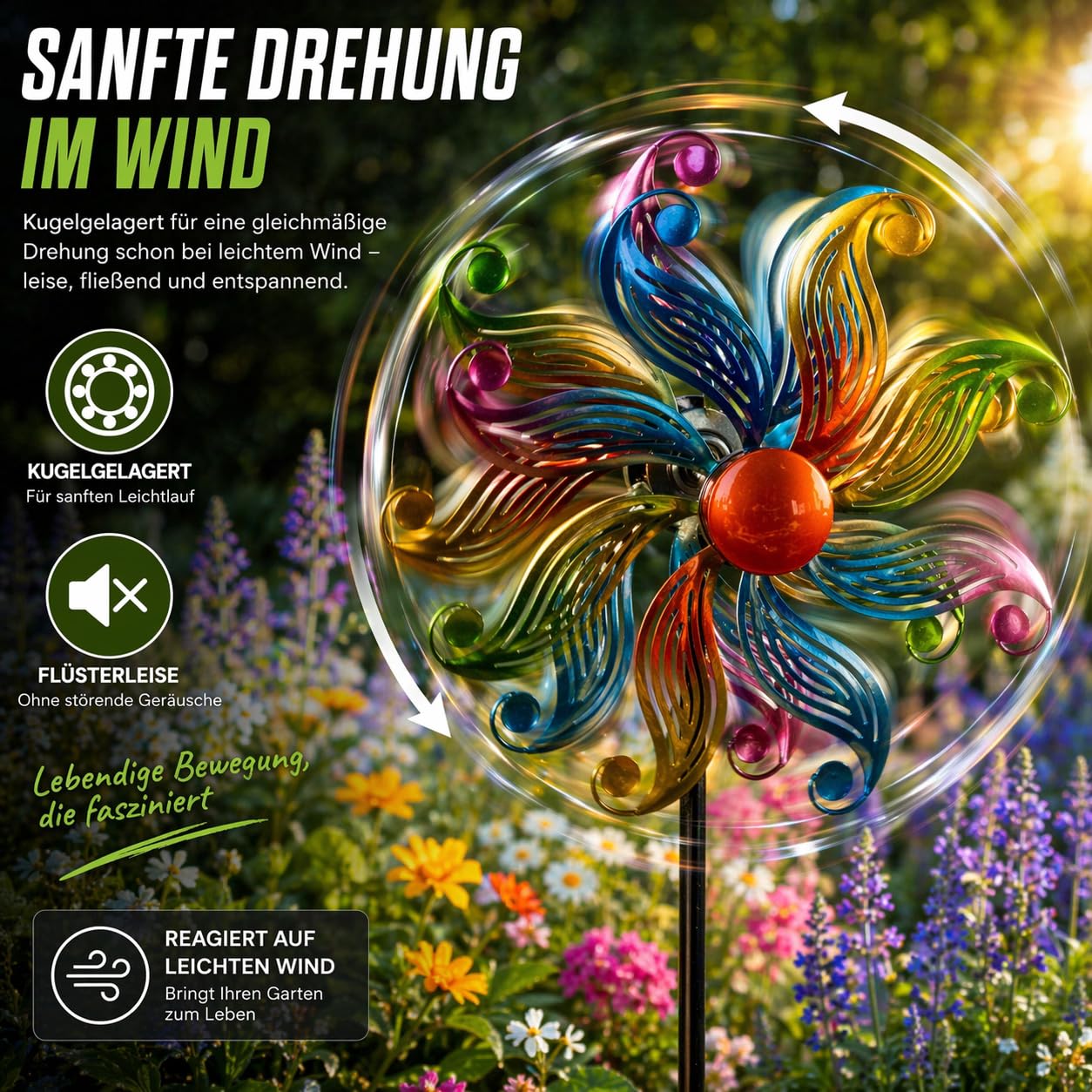 Kremers Schatzkiste Girandola a vento a forma di fiore, in metallo, con cuscinetti a sfera, Ø 30 cm/122 cm, con picchetto, 3 pezzi, decorazione da giardino resistente alle intemperie, per aiuole