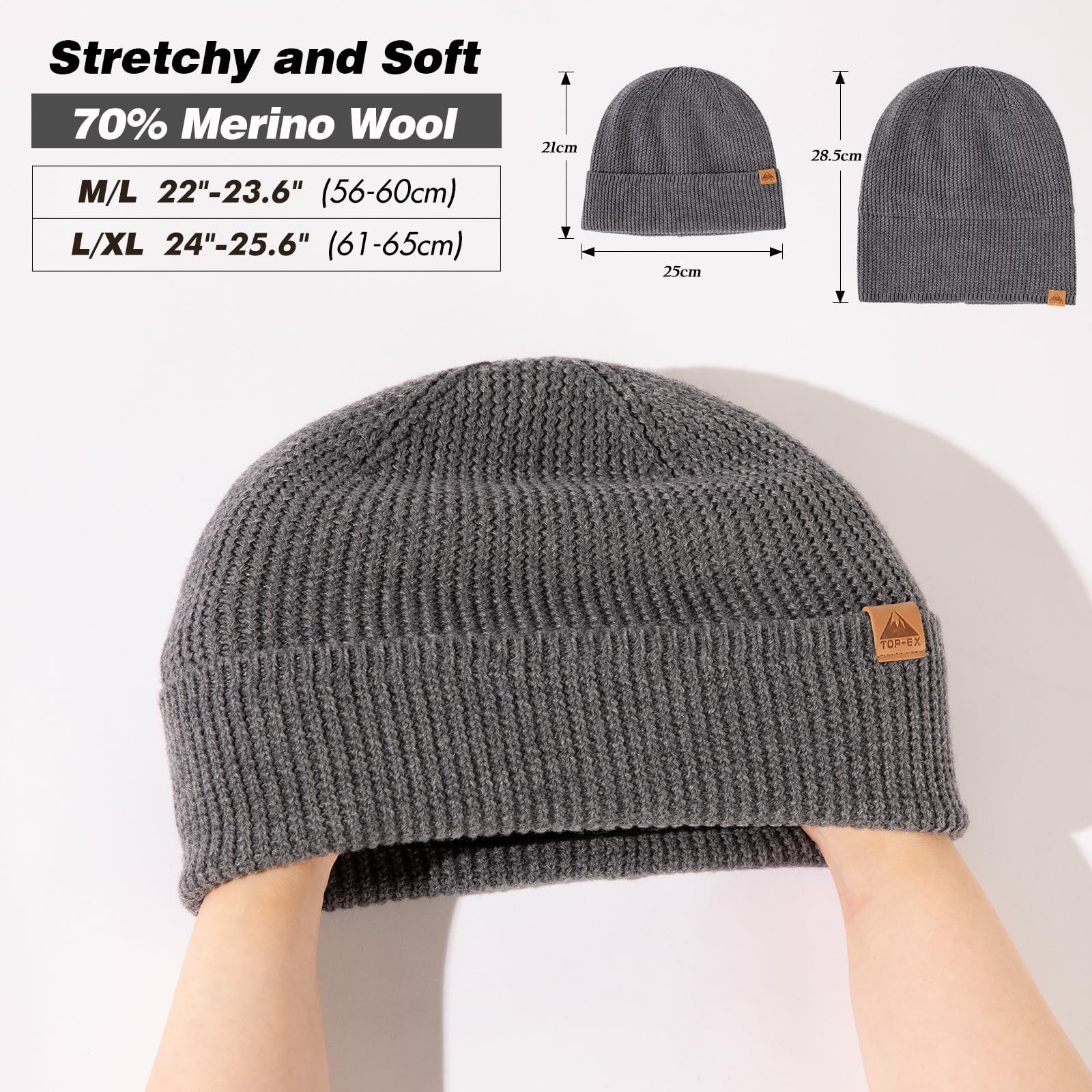 TOP-EX Gorro de lana merino M-XL con puños para hombre y mujer con forro polar, sombreros térmicos de invierno, gorro de punto de lana suave, gorro de esquí y correr