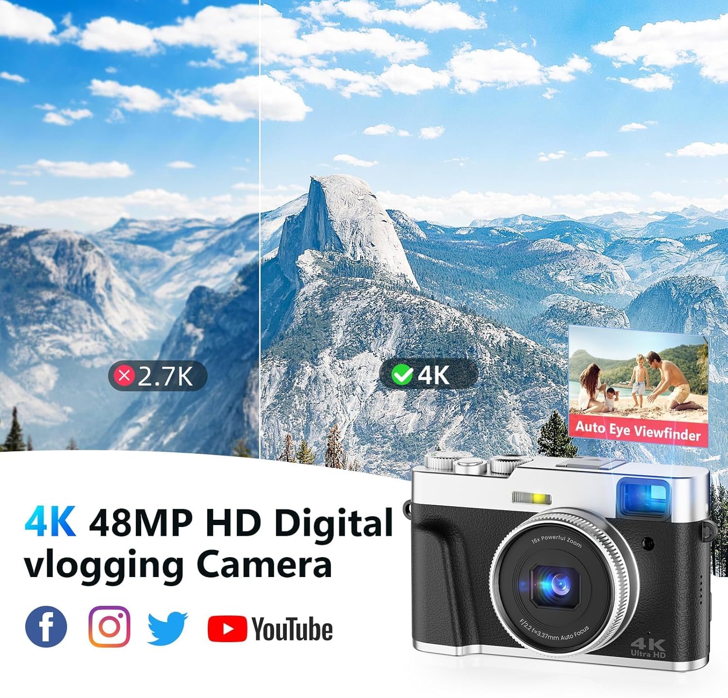 Cámara digital 4K para fotografía, cámaras de vlogging de enfoque automático de 48 MP con zoom digital de 16X, cámara LCD de 2.8 pulgadas para YouTube, cámaras compactas antivibración con tarjeta