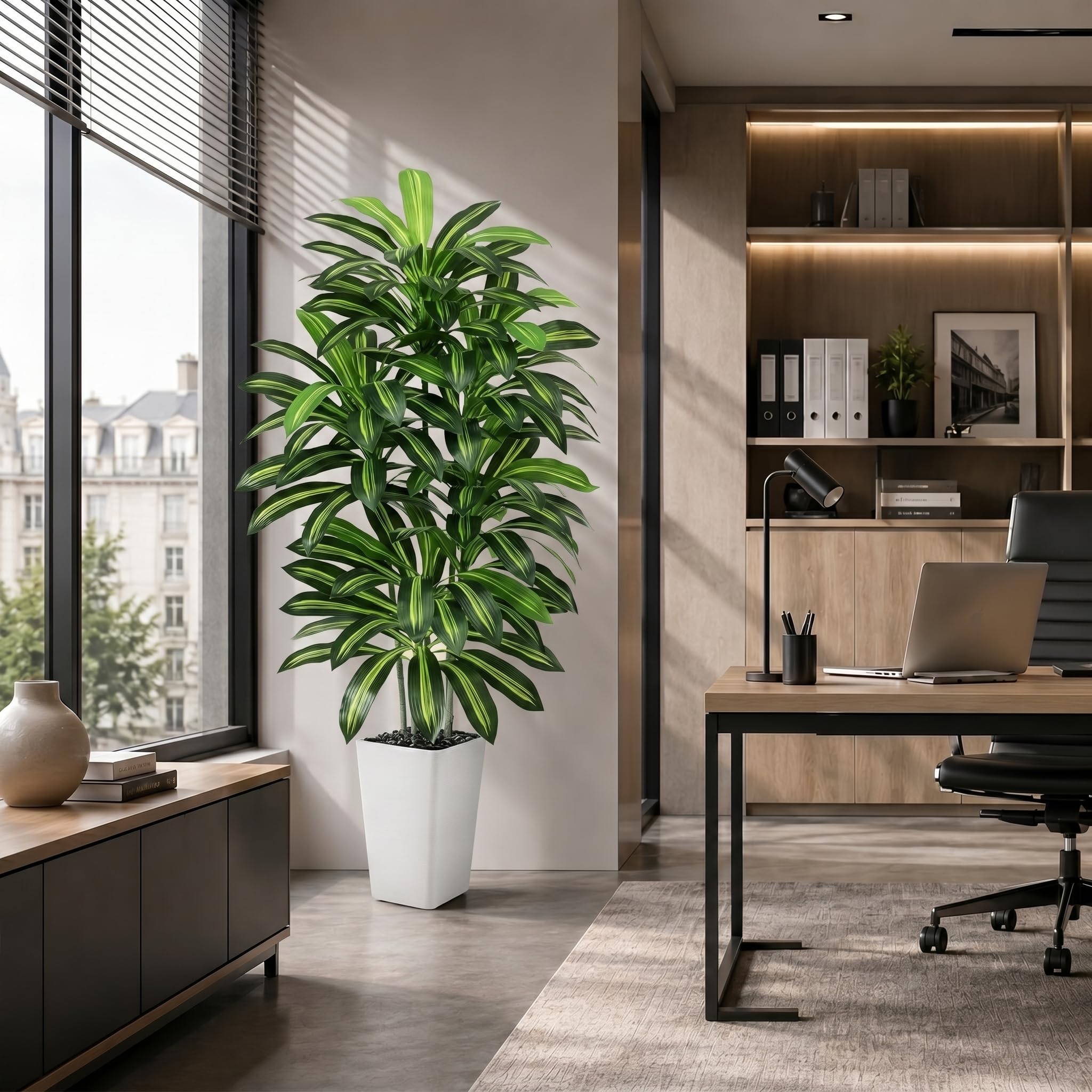 Künstliche Drachenbaum Pflanzen 180cm, Dracaena Kunstpflanzen Groß wie echt | Kunstbaum mit 120 Blätter, Weißer Topf mit Kieselsteine, Fake Pflanzen für Wohnzimmer Schlafzimmer Büro Balkon Indoor Deko