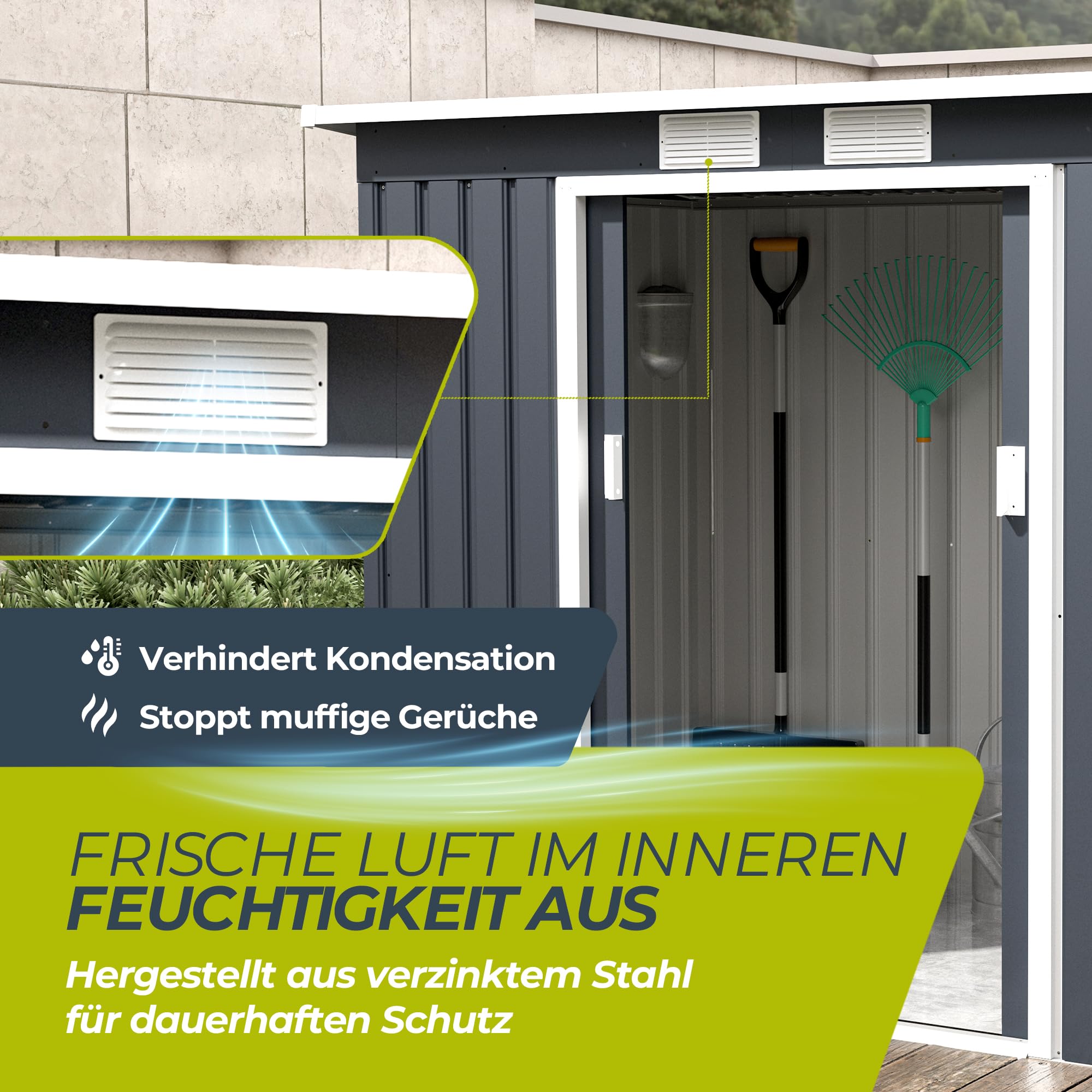 Athelon Geräteschuppen Metall 213×130×173 cm Doppelschiebetüren verzinkter Stahl