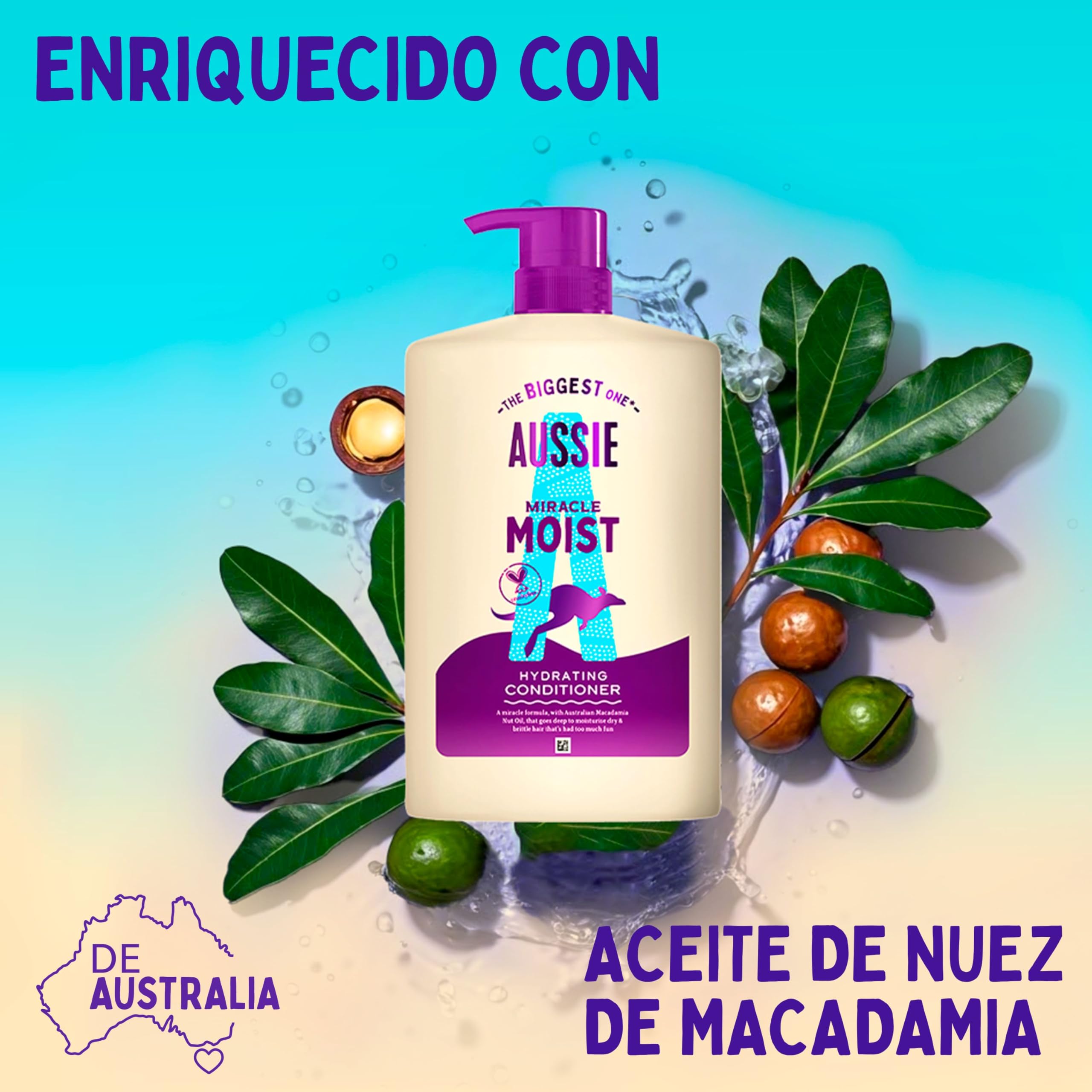 Aussie Miracle Moist Acondicionador Desenredante 1000ml. Fórmula Hidratante que Revitaliza y Restaura el Pelo Quebradizo y Seco. Enriquecido con Aceite de Nuez de Macadamia Australiano