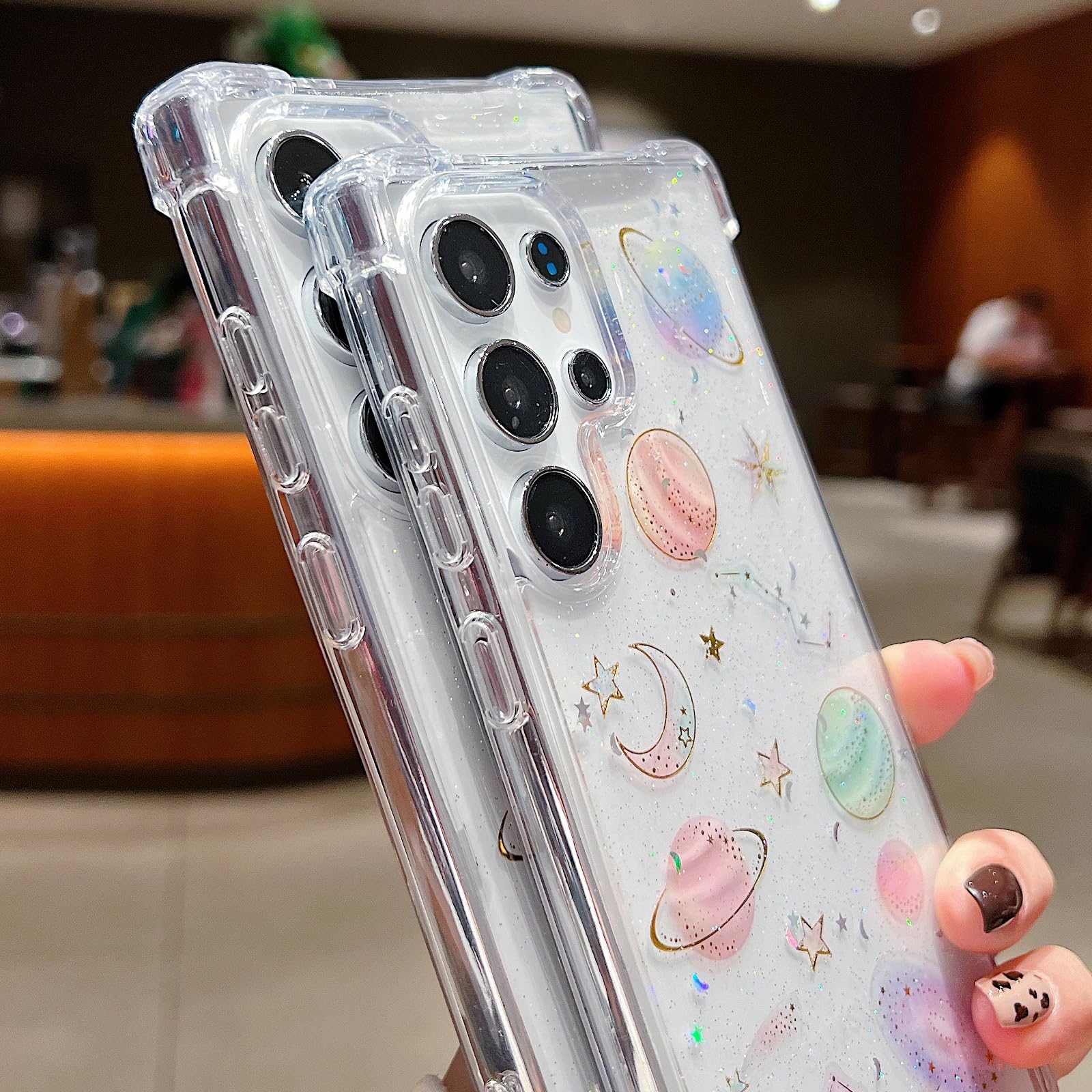 Changjia Funda transparente con purpurina para Samsung Galaxy, diseño de mariposas, planetas, estrellas, luna, universo, poliuretano termoplástico suave, a prueba de golpes, para mujer (transparente,