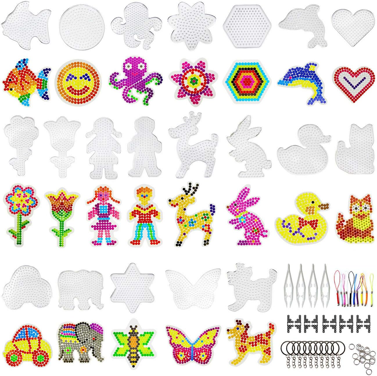 Hifunwu 20 PCS 5mm Fuse Beads Boards Clear Plastic Fuse Beads Pegboards with 20 Colorful Cards, 4 Tweezers, 10 Hang Ropes, 10 Keychains, 20 Small Hoops and 10 Holders