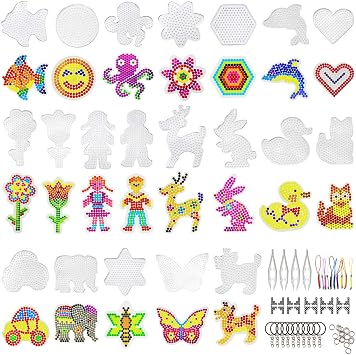Hifunwu 20 PCS 5mm Fuse Beads Boards Clear Plastic Fuse Beads Pegboards with 20 Colorful Cards, 4 Tweezers, 10 Hang Ropes, 10 Keychains, 20 Small Hoops and 10 Holders