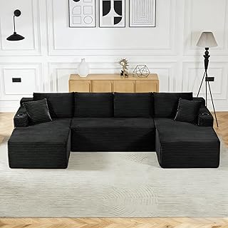 133.5" U Shaped Couch, Modular U-Shaped Boneless Couch with Pillows, Comfy Corduroy Cloud Sectional Sofa with Deep Seat, Upholstered Modular Cloud Sofa for Living Room, Black