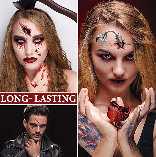 Miniatura 5 de 20 piezas de tatuajes temporales realistas para hombres y mujeres, cicatriz de herida sanguinaria, cicatriz de terror, zombi, Halloween, mascarada,