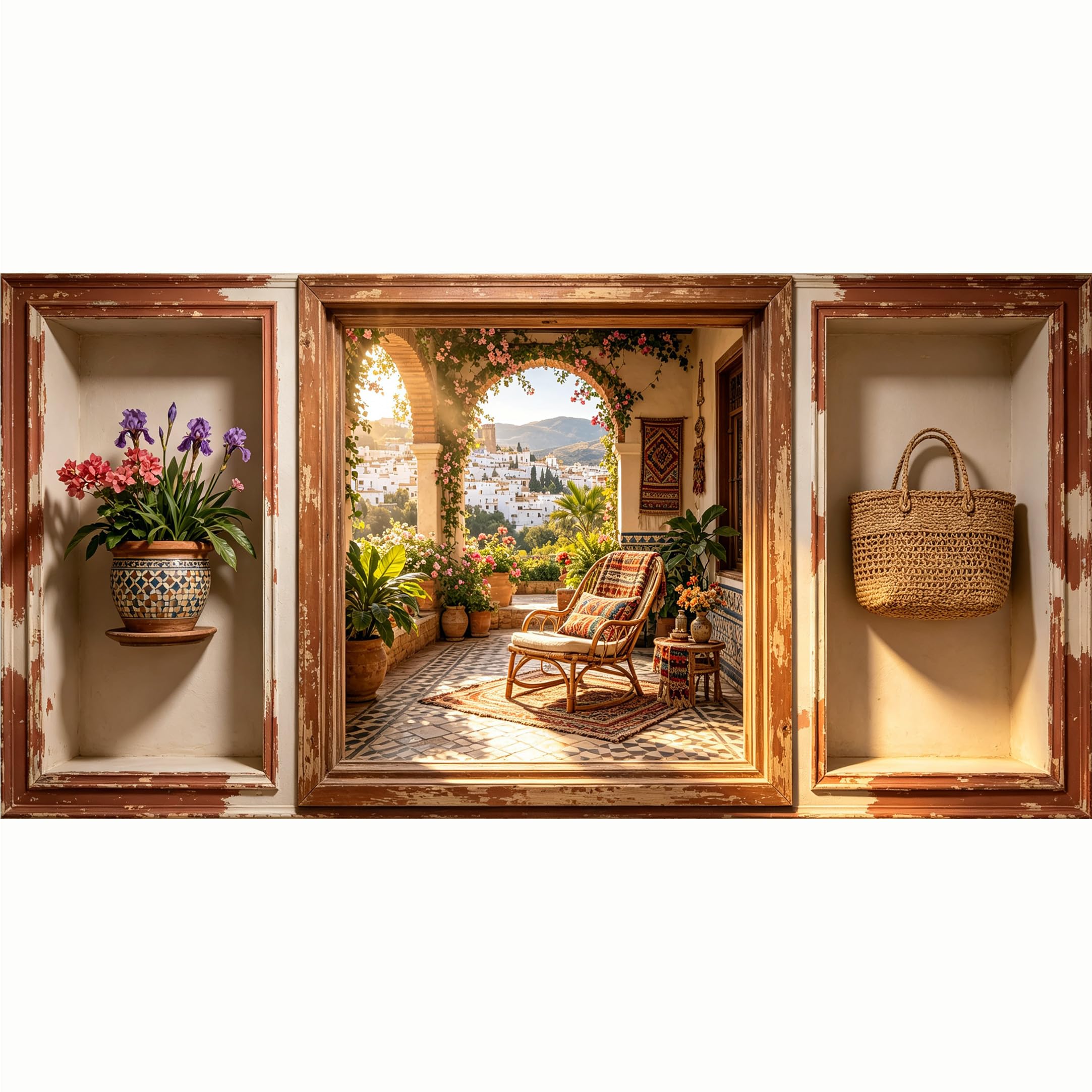 QZLITHOTIC 50x100cm 3D Framed Wall Art， Mediterranean Patio Garden Landscape SelfAdhesive Mural， WaterActivated Peel & Stick Fabric Decor Wall Decal for Bedroom Living Room