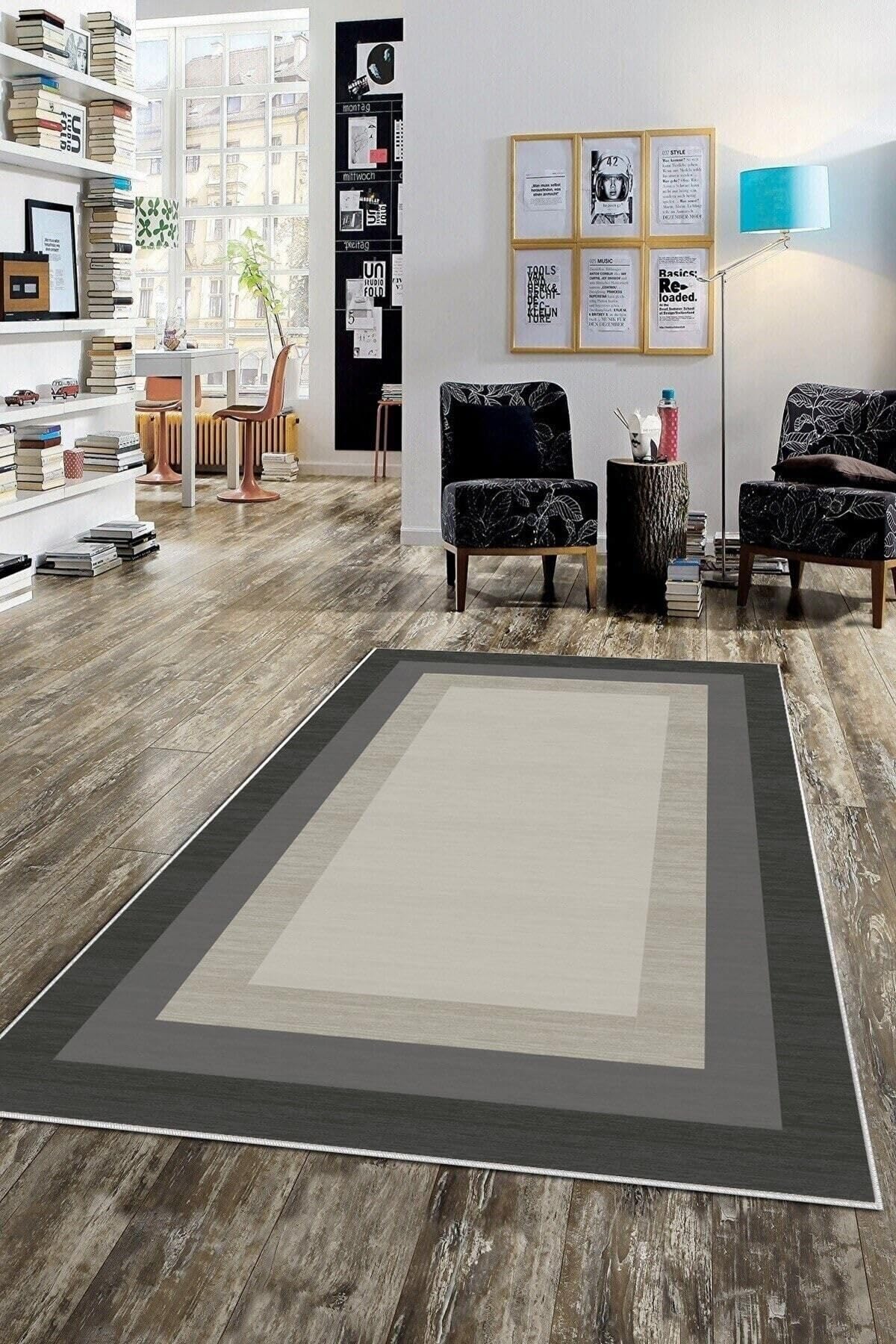 Pelangi Gri Çerçeve Renk Geçişli Yıkanabilir Kaymaz Taban Leke Tutmaz Modern Salon Halısı Ve Yolluk, Bej-Gri 100 x 200, 135803910020005