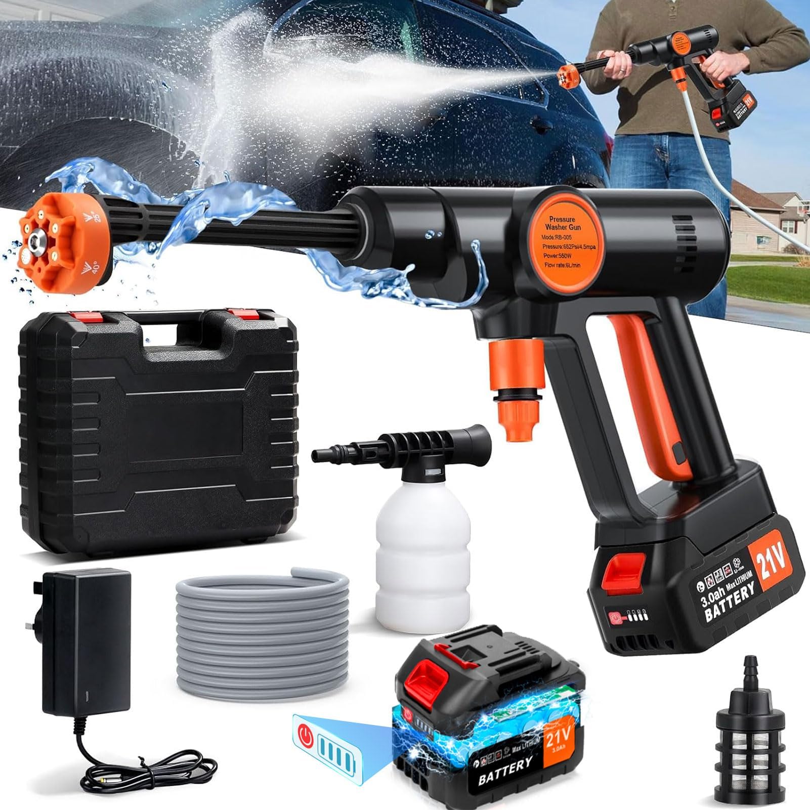 Cordless Pressure Washer Max 500PSI Battery Powered Pressure Washer Handheld, 21V