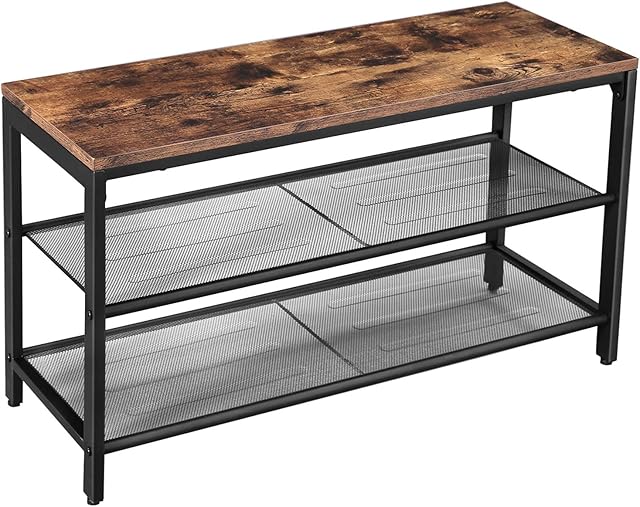 VASAGLE Shoe Bench with Seat, Shoe Rack with 2 Mesh Shelves, Shoe Storage Organiser for Hall Entryway, Metal, Industrial, Rustic Brown and Black LBS74X