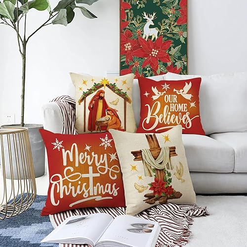 Miniatura 3 de Ussap Juego de 4 fundas de almohada decorativas religiosas de Navidad con diseño de belén de Navidad, decoración de fundas de cojín cristianas de