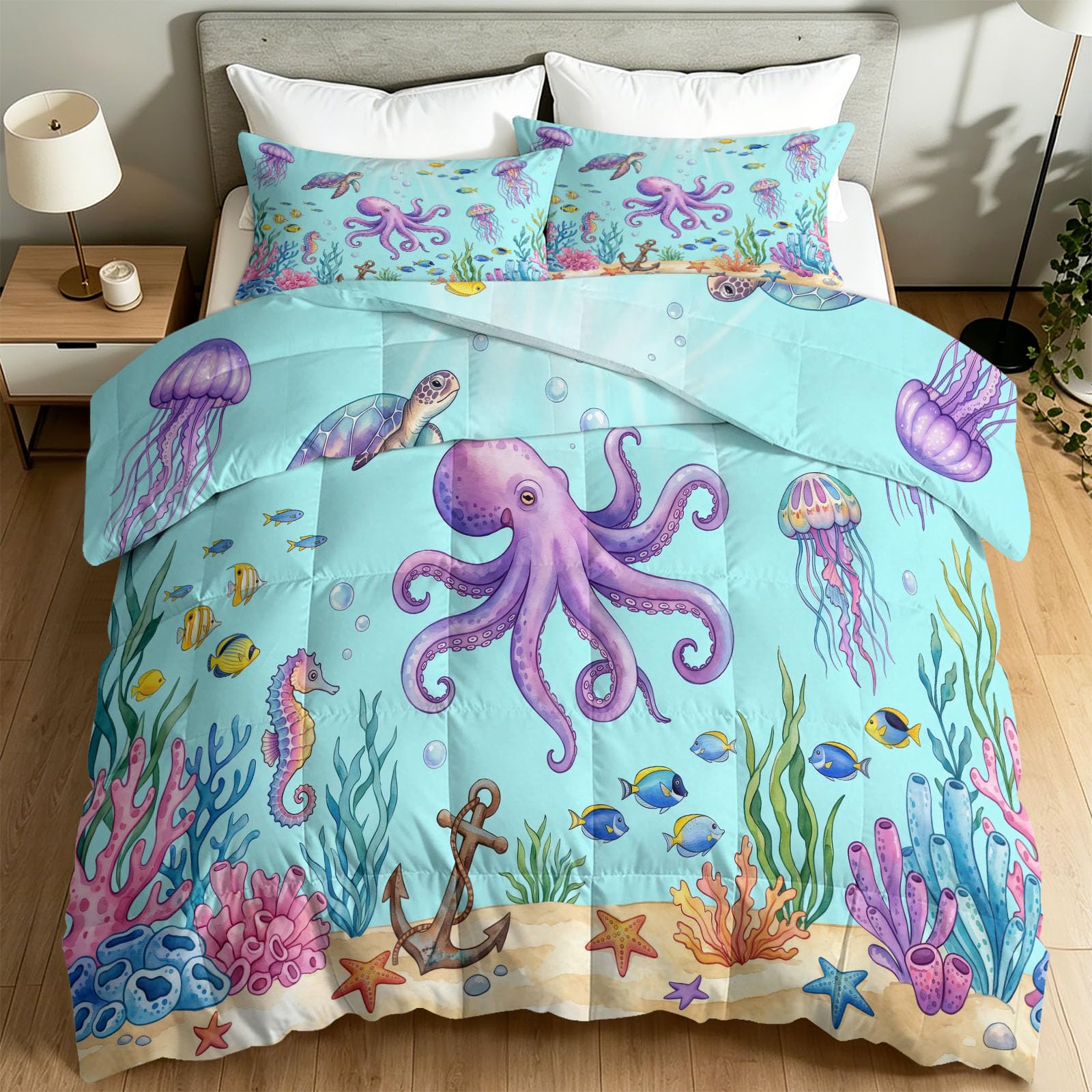 Fantasy Deep Sea Kołdra Super King zestaw pościeli, marzycielski gradient tropikalny koral ośmiornica lekka dwustronna kołdra puchowa, błękitna, antyalergiczna, całoroczna, bez przykrycia kołdra dla