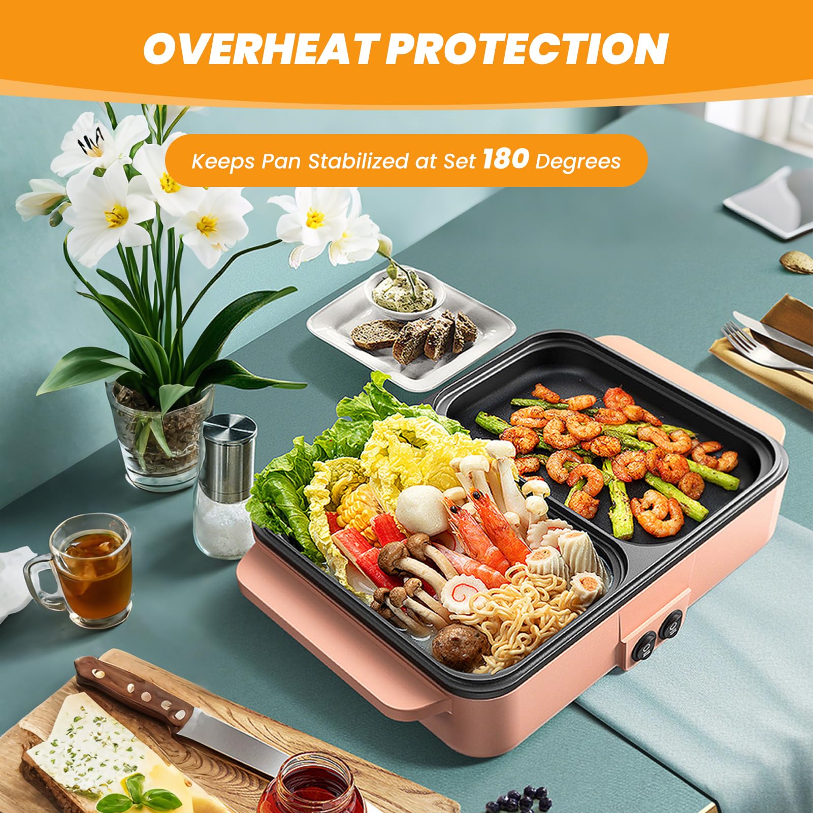 Topyond 1200 W Hot Pot i grill elektryczny, koreańska płyta elektryczna do grillowania, grill elektryczny z pokrywką, mały pot, 2 osoby, 220 V, dla rodziny i akademików