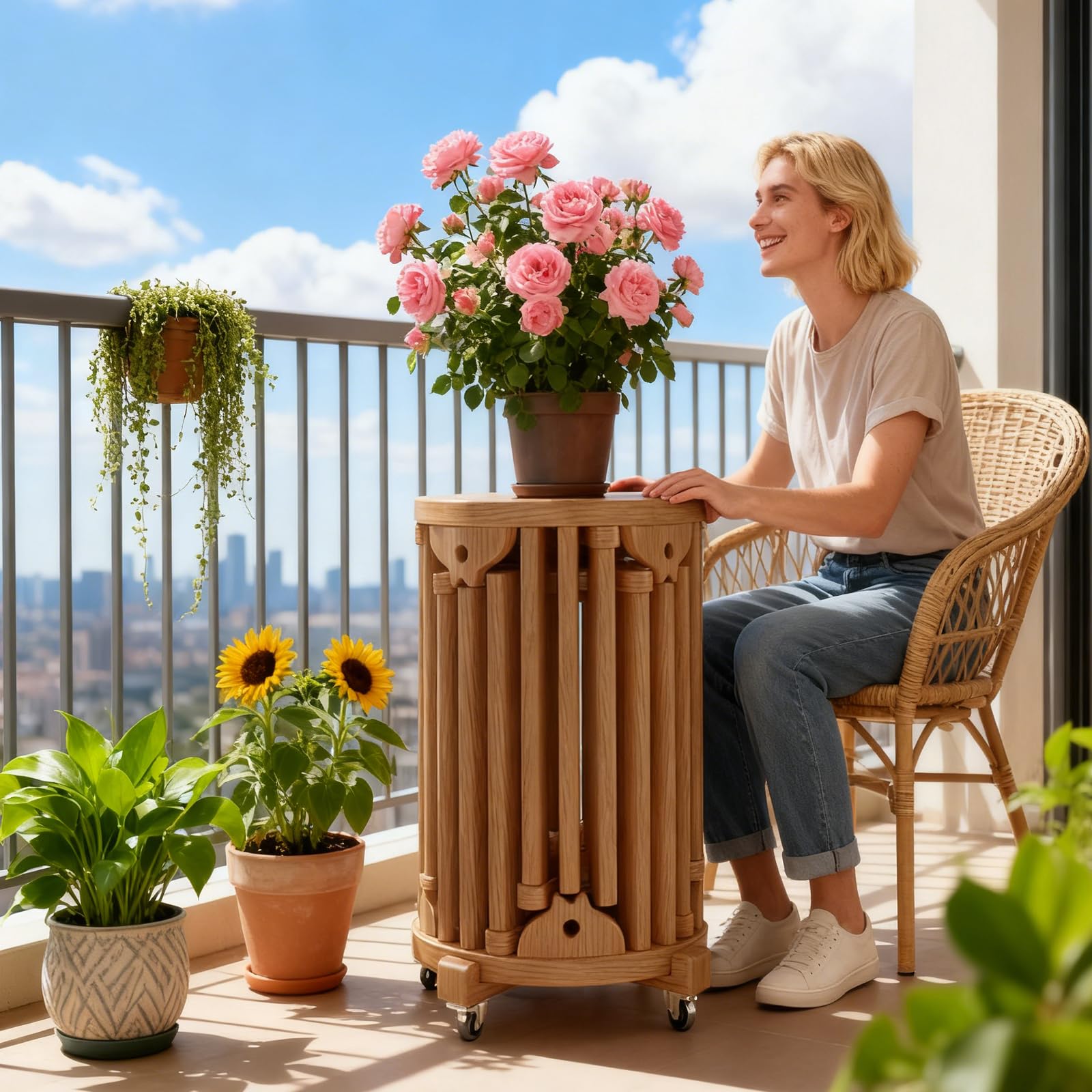 XNZJHPP Set of 6 Stackable Wooden Stools with Wheels - Space-Saving Nesting Tables for Living Room, Bedroom, Dining - No Assembly Needed, Versatile Nightstands for Any Space (Natural)