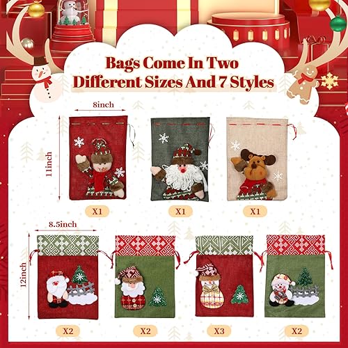 Miniatura 2 de Abbylike 12 bolsas de regalo de Navidad, bolsas de Navidad con cordón 3D, Papá Noel, muñeco de nieve, alce, reutilizables, para envolver regalos de