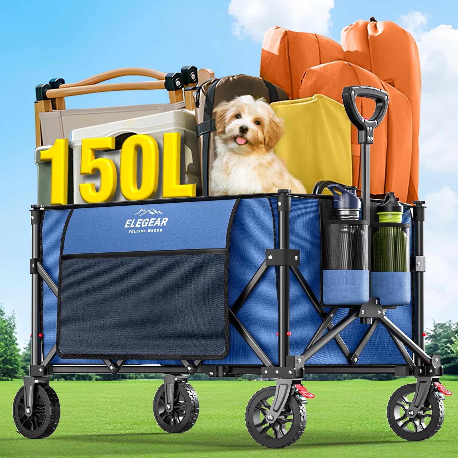 Folding Cart Wagon,Elegear 150L Collapsible Wagon Portable with Brakes,Utility Camping Wagon Cart with All-Terrain Wheels Side Pocket 260 LB,Grocery Wagon Cart for Camping, Beach,Shopping,Garden Blue