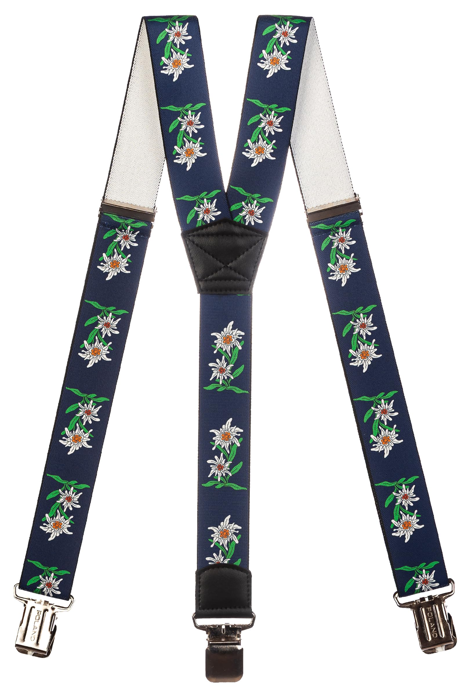 Olata Men's Dark Blue Heavy Duty Printed Y-Shape Braces/Suspenders With Edelweiss Pattern, 4Cm