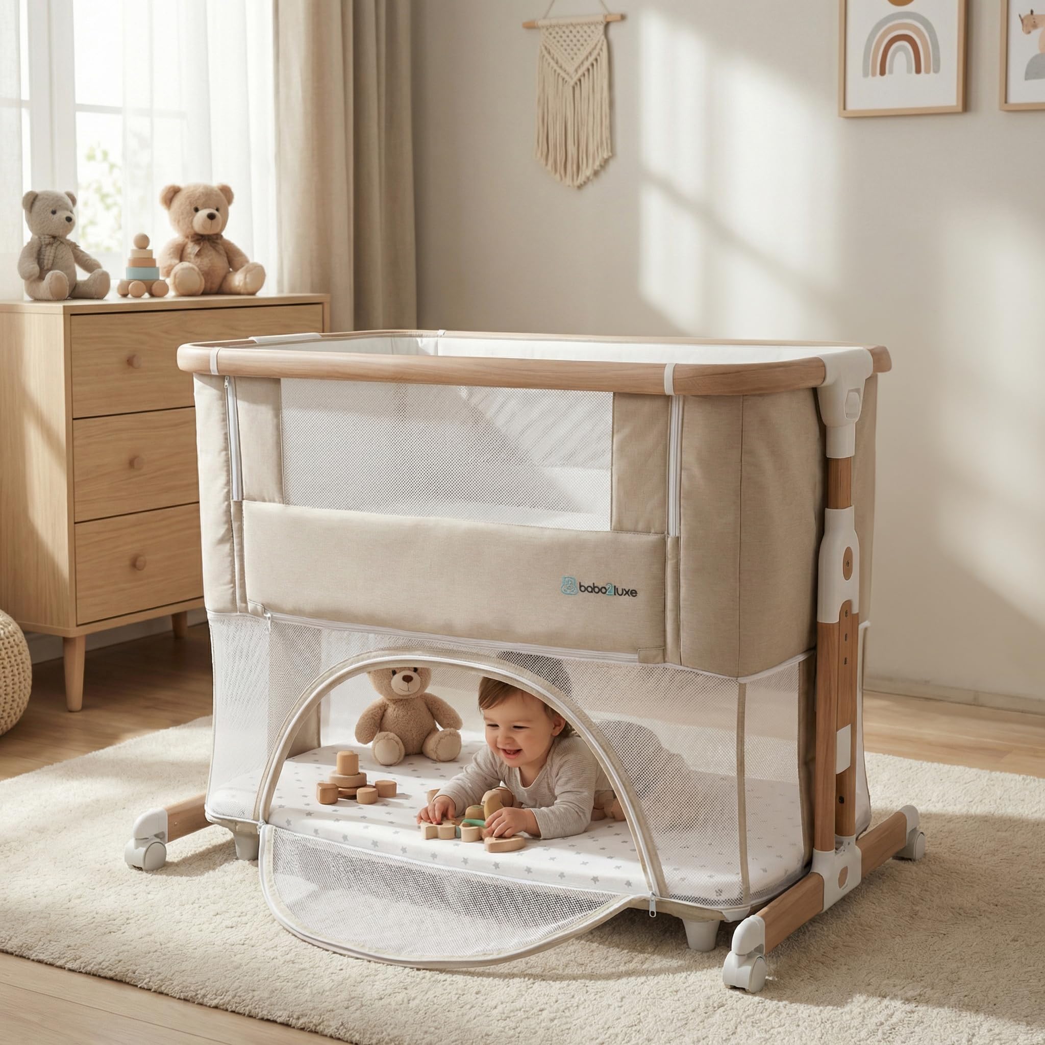 bebe2luxe LEO 4 in 1, Culla neonato fianco, lettino, culla co-sleeping, antigurgito, parco giochi per bambini...