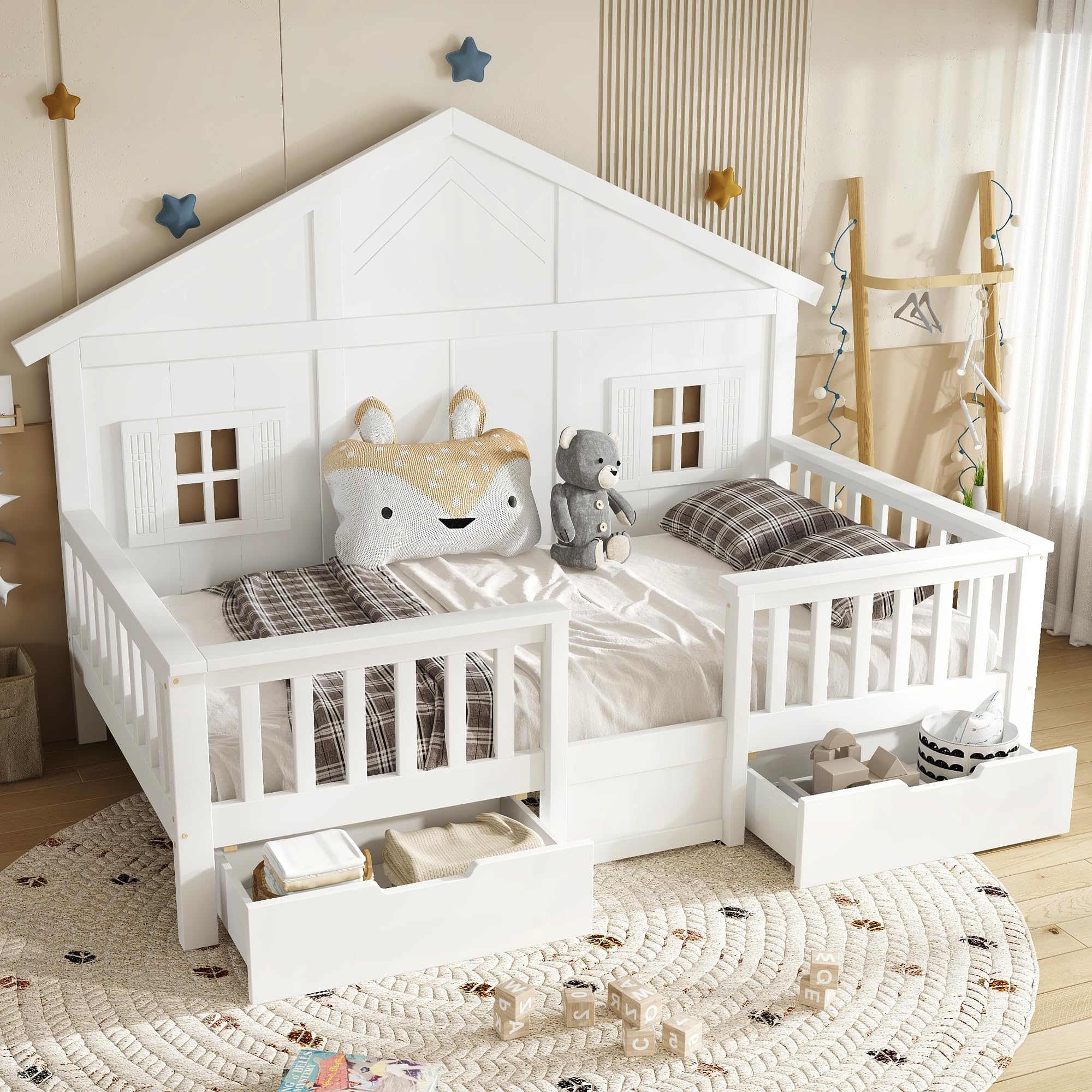 Letto Casetta per Bambini Ragazzi 90x200cm con 2 Cassetti, Letto a Forma di Casa con Finestre e Tetto, Rete a doghe, Struttura letto in pino (Senza Materasso)