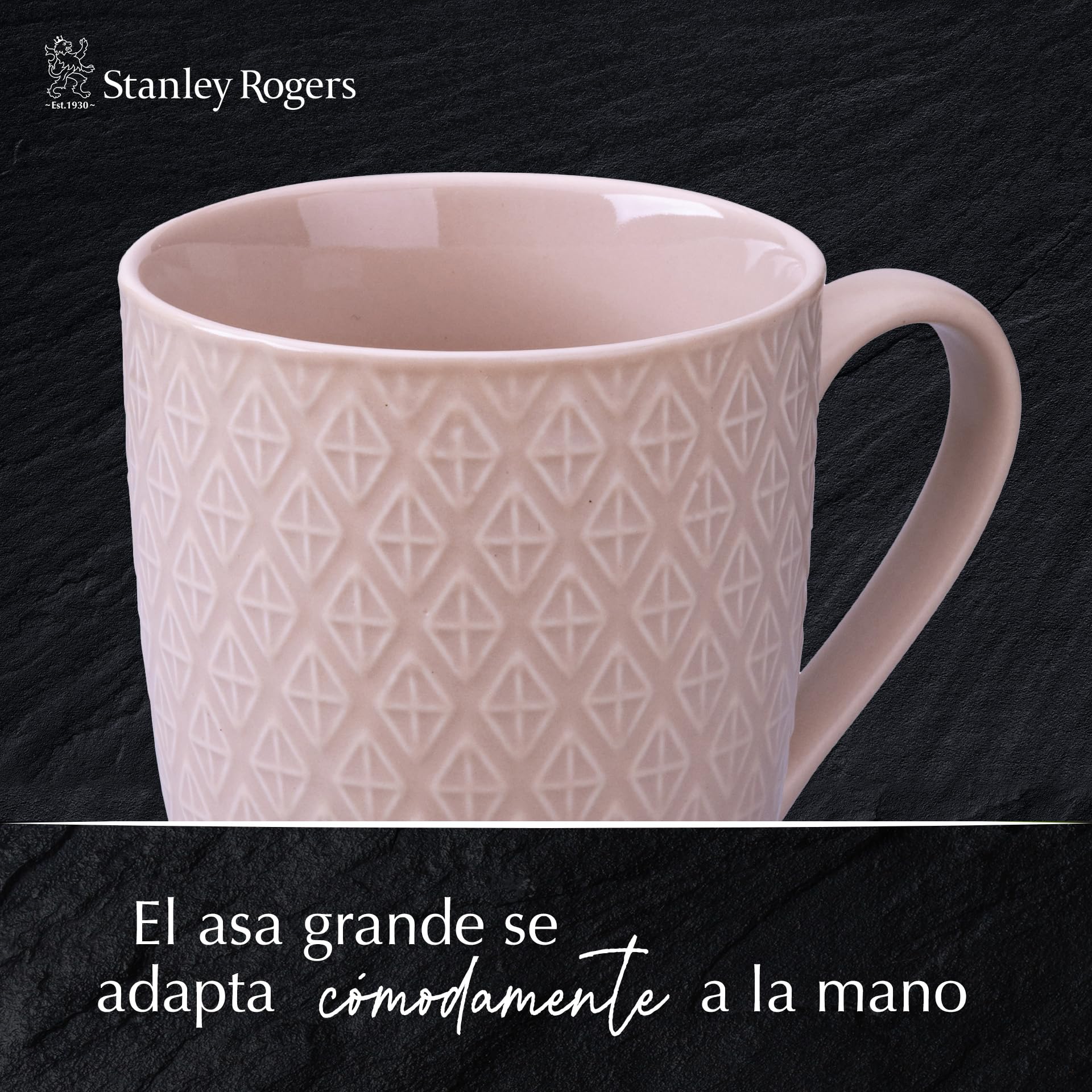 Stanley Rogers Juego de 6 tazas - Tazas de café con un moderno diseño de rombos - Material New Bone de alta calidad en colores pastel - Perfectas para café, té o cacao - 340 ml de volumen