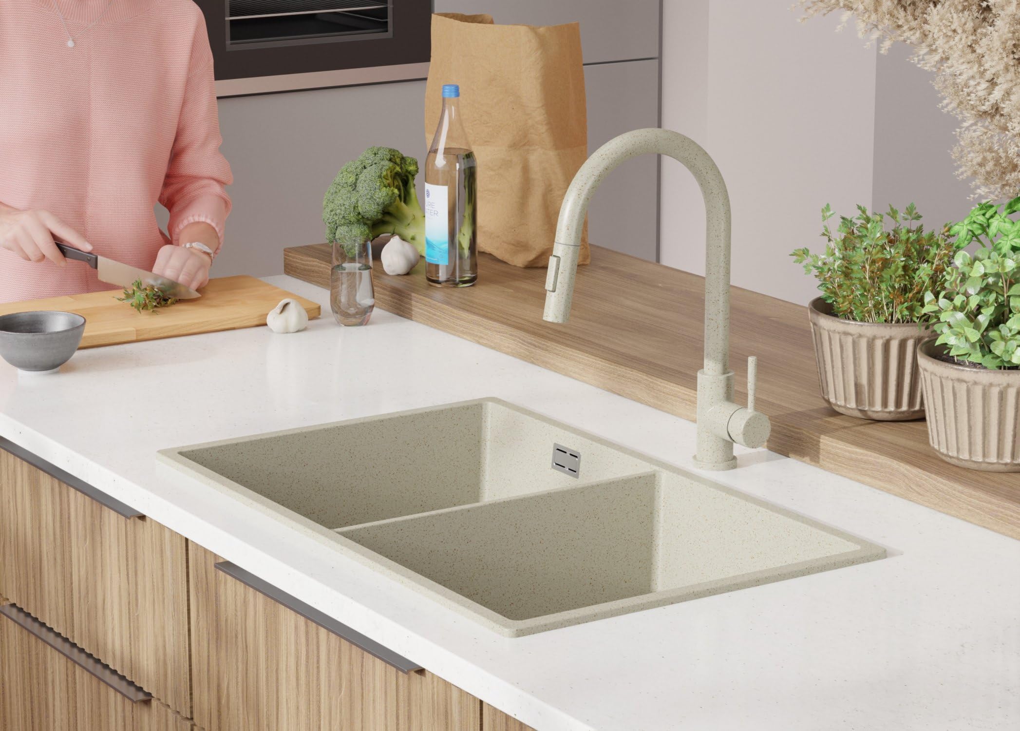 PRIMAGRAN Fregadero Cocina Todo Beige - London Twin Slim, 76x47cm | Granito 2 Senos + Sifón, sobre Encimera al Mueble 80cm (S010)