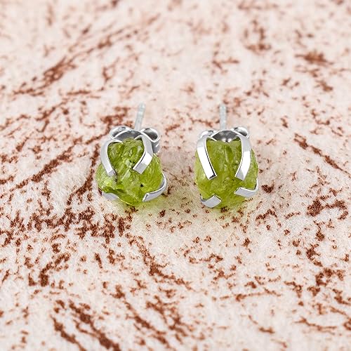 Miniatura 5 de A+ Raw Peridot Stud Earrings, Rough Gemstones, Minimalist Jewelry, Chakra Healing Stones, August Birthstones, Rhodium Plated - Sterling Silver with