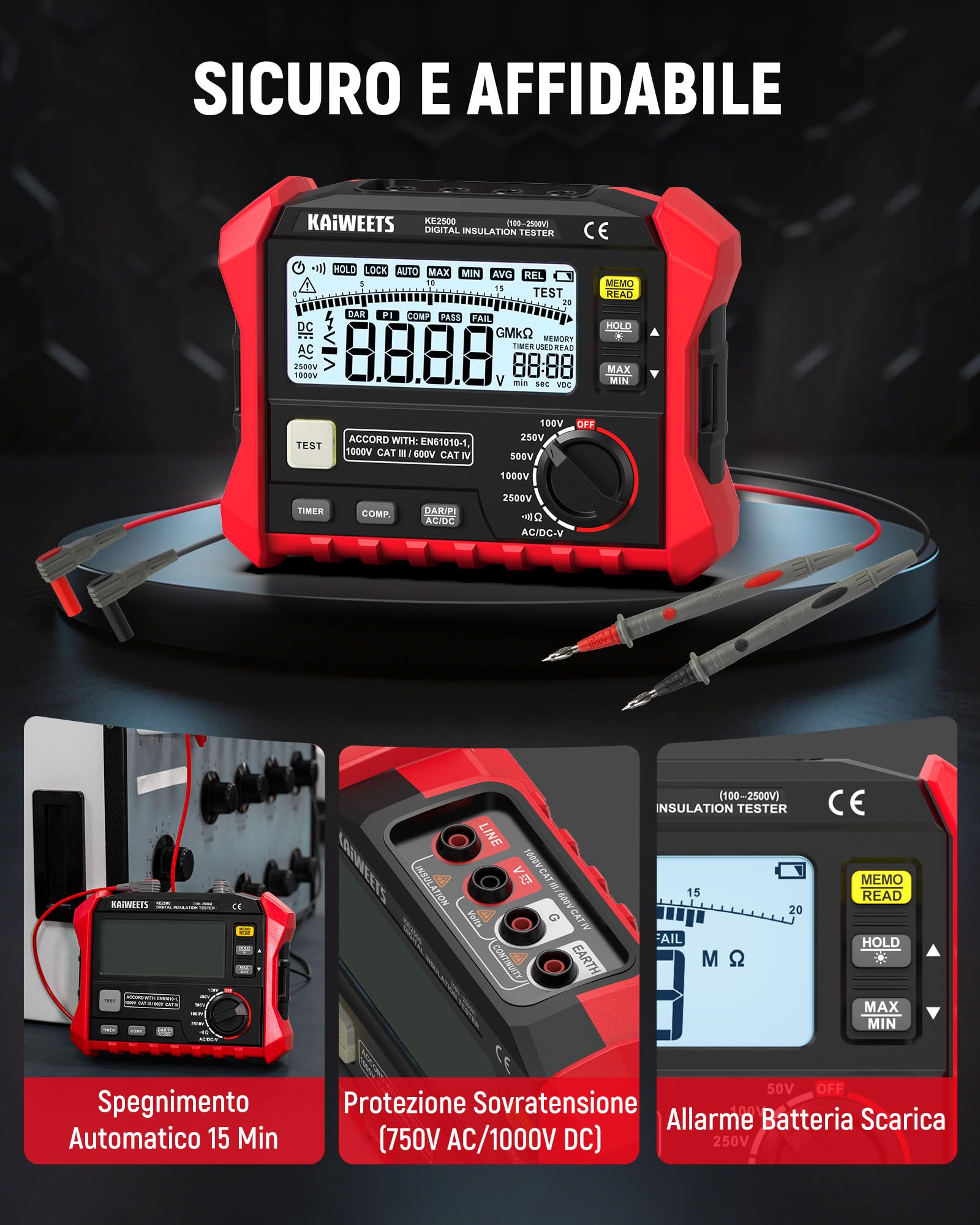 KAIWEETS Tester di Resistenza di Isolamento, Fino a 200 GΩ, Megohmmetro Professionale, 5 Gamme 100 V/250 V/500 V/1000 V/2500 V, DAR/PI One-Toch, Max/Min, Misura Resistenza, Tensione CA/CC