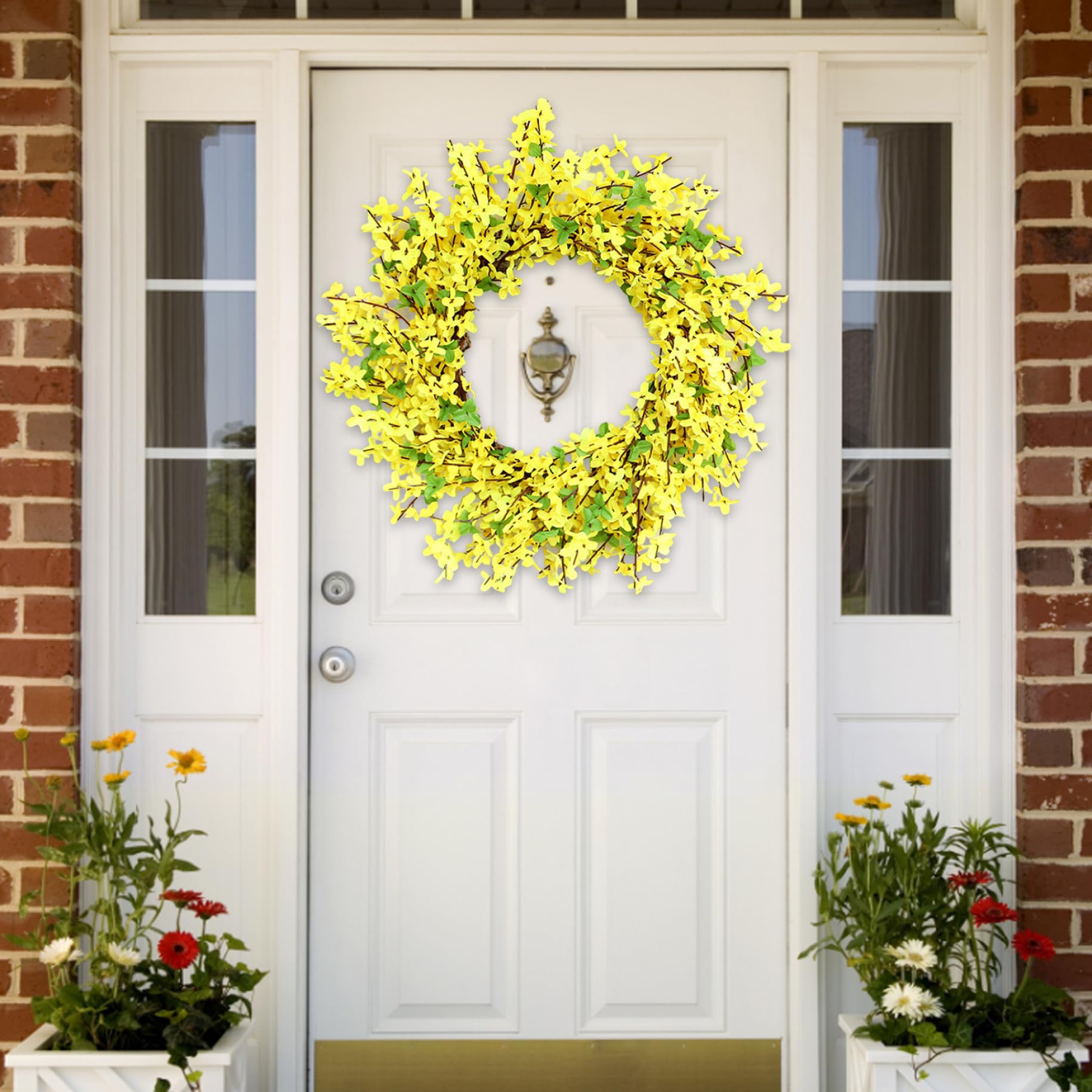 Couronnes de Printemps et d'été Jaunes, Couronne de forsythia Jaune, Couronne Porte Artificielle à Suspendre au Printemps et à l'été pour décoration Porche Porte d'entrée 50 cm