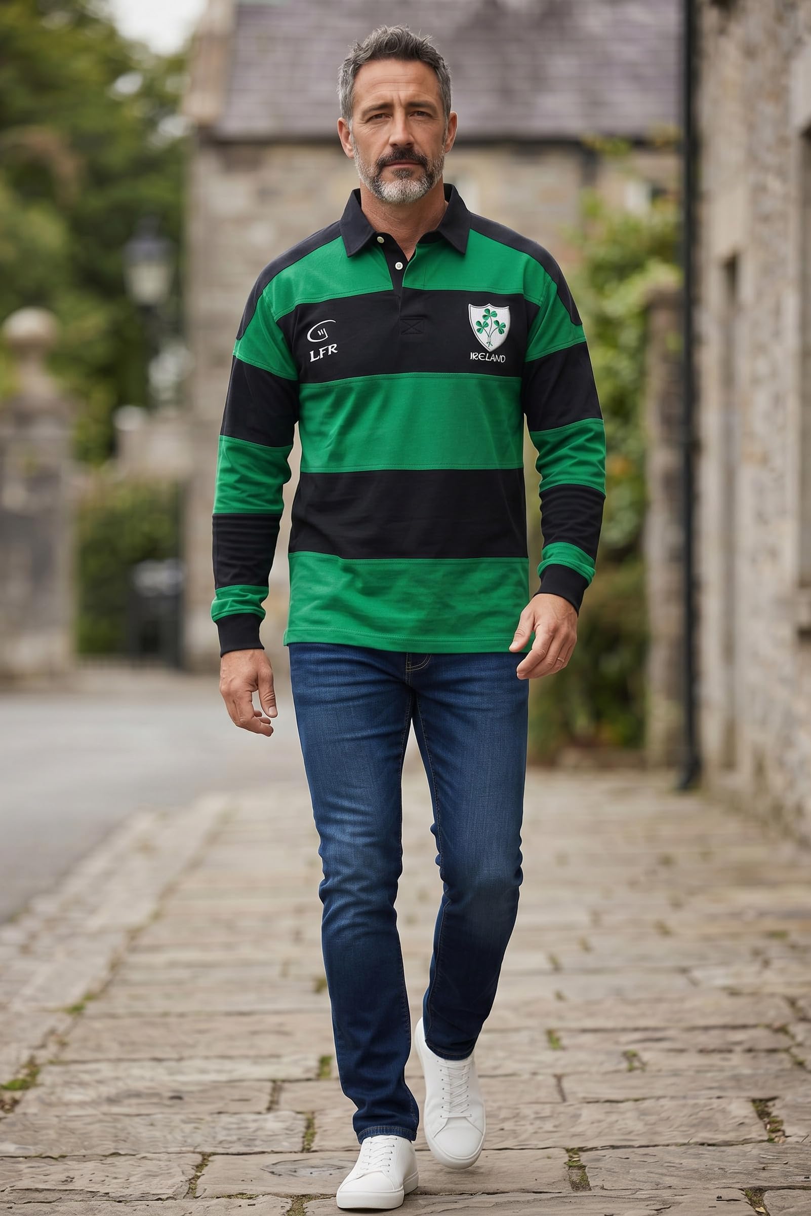 Camicia da rugby irlandese a righe a maniche lunghe con trifoglio verde Kelly, blu