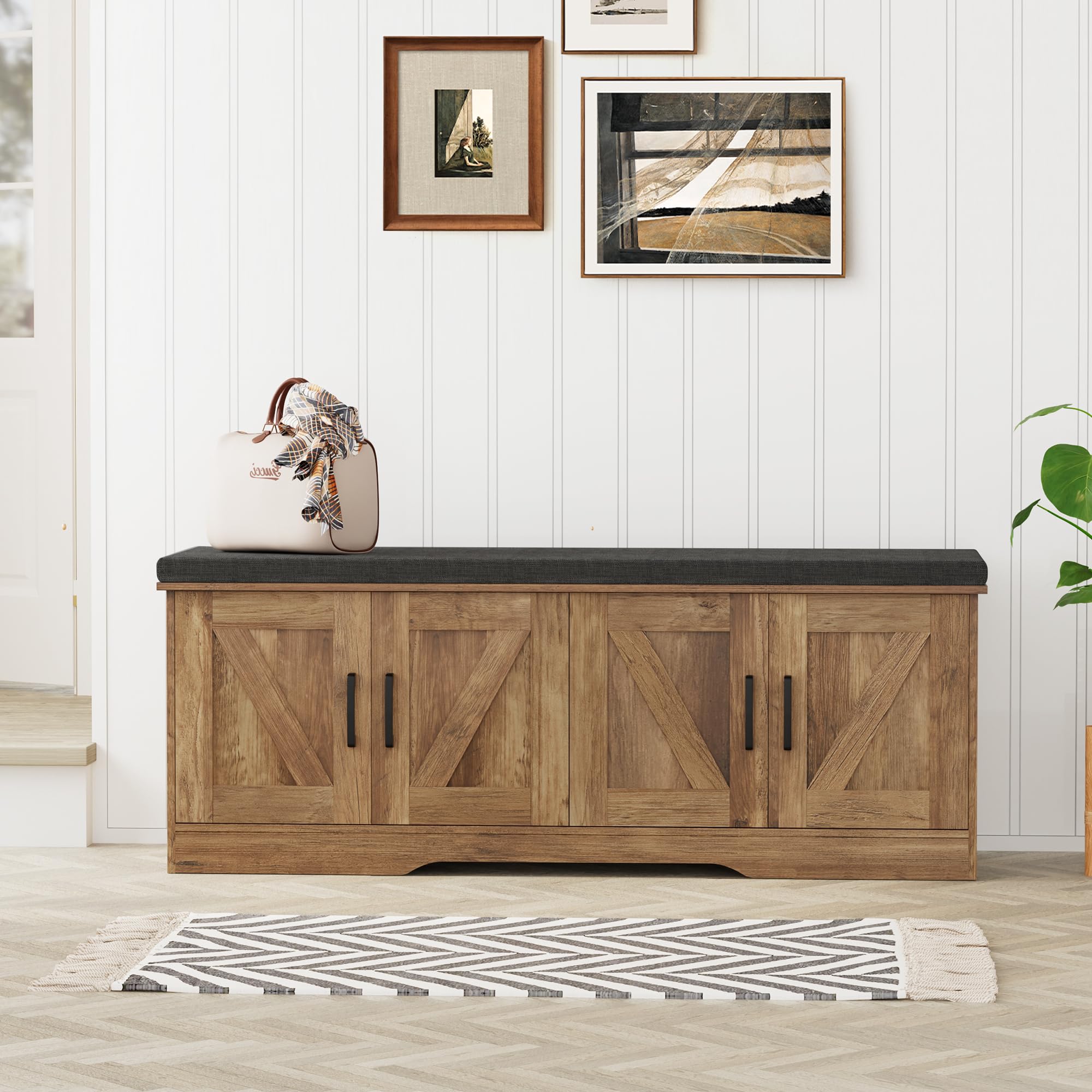 HOMSHO 2-Tier Storage Bench, 47.2' Wide Shoe Bench with Padded Seat Cushion, Ent — product photo